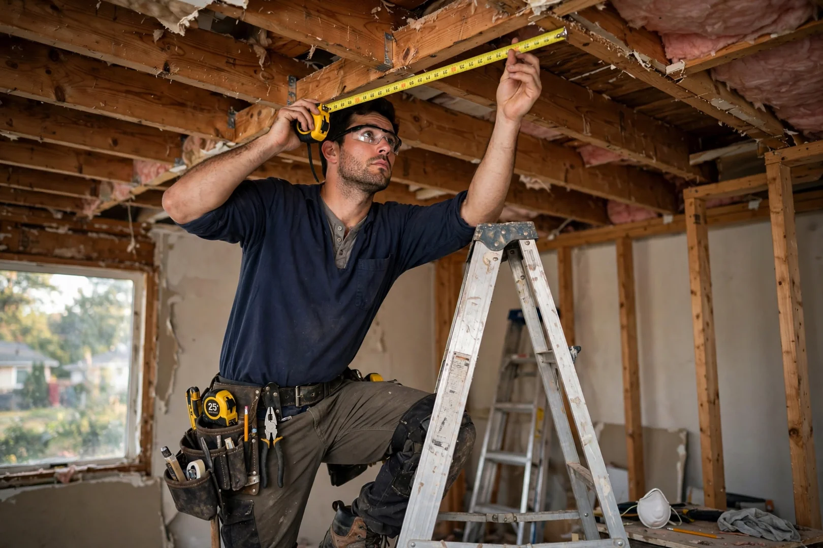 Technician measuring ceiling height and joist spacing before quoting a fan installation