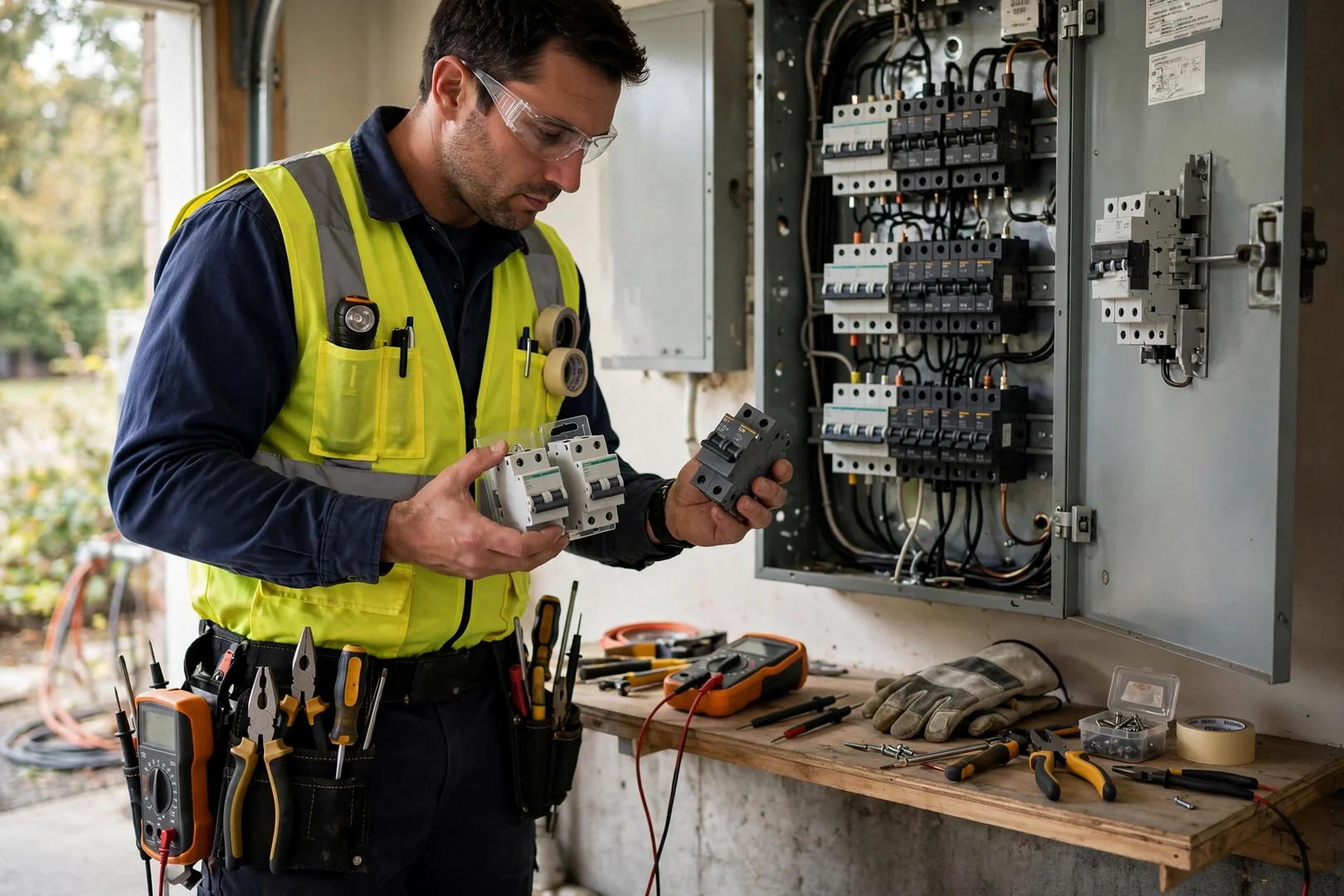 Technician comparing replacement circuit breakers against a residential panel label and directory
