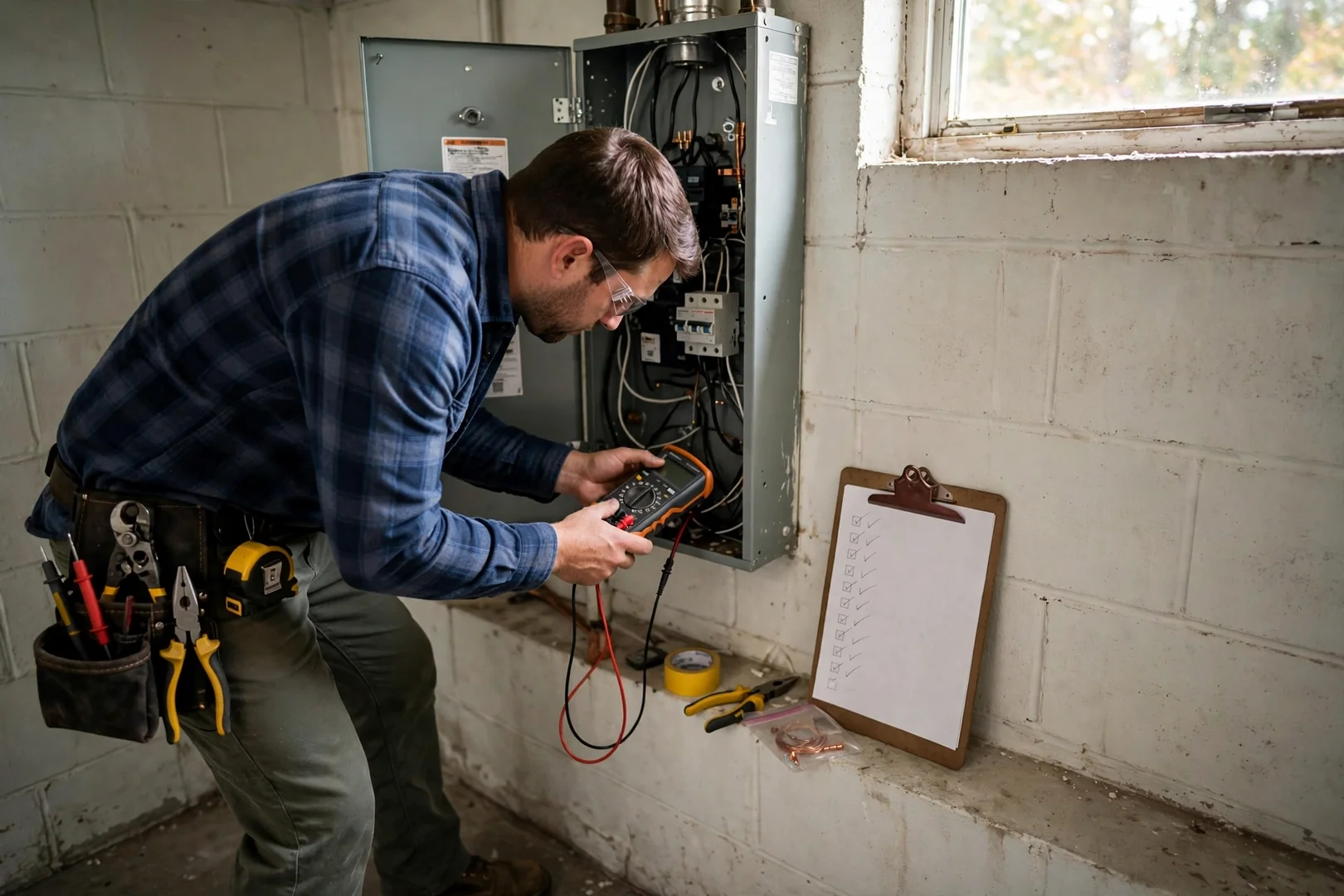 Written repair estimate on a clipboard beside an open electrical panel in a Centereach home