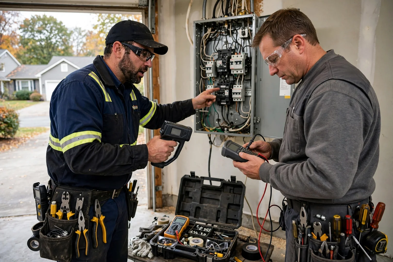 Electrician testing breaker amp draw inside a Centereach home panel