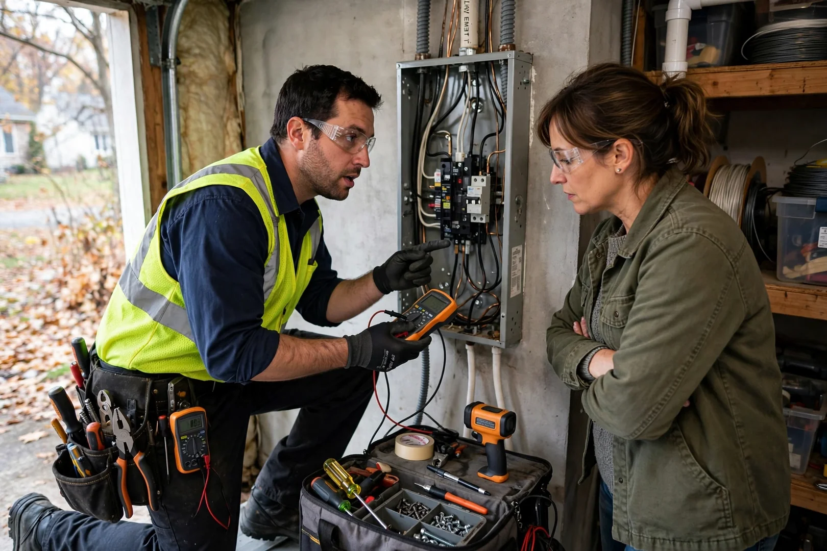 Electrician testing breaker terminals inside an open residential electrical panel with a clamp meter