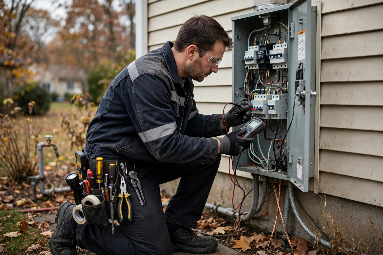 Electrician testing breaker terminals inside an open residential load center with a clamp meter