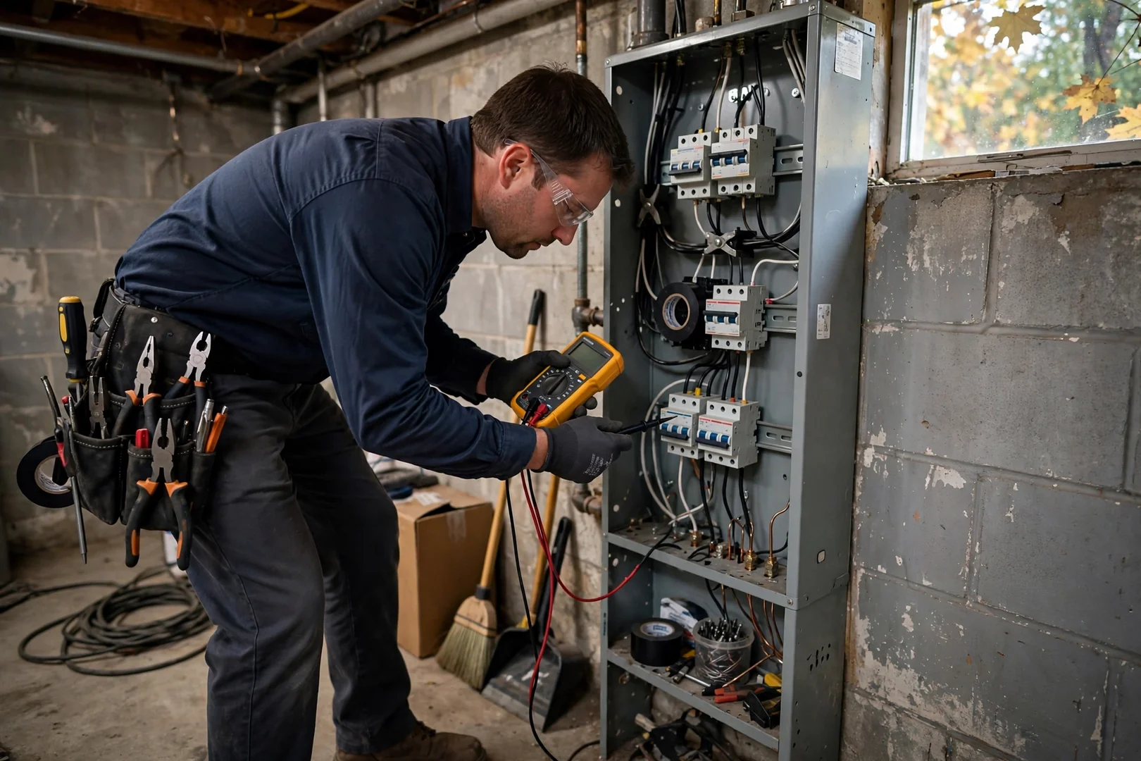 Electrician testing a residential load center with a digital multimeter during breaker repair