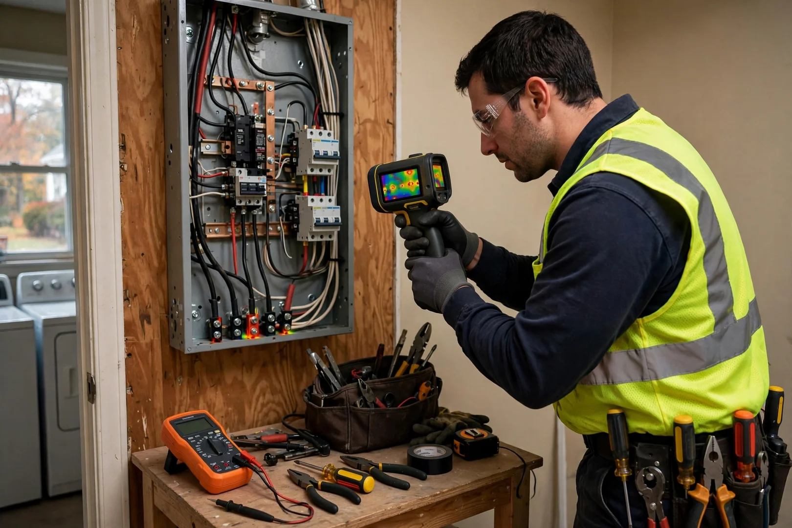 Thermal imaging camera reading heat at panel lug connections inside a Centereach home