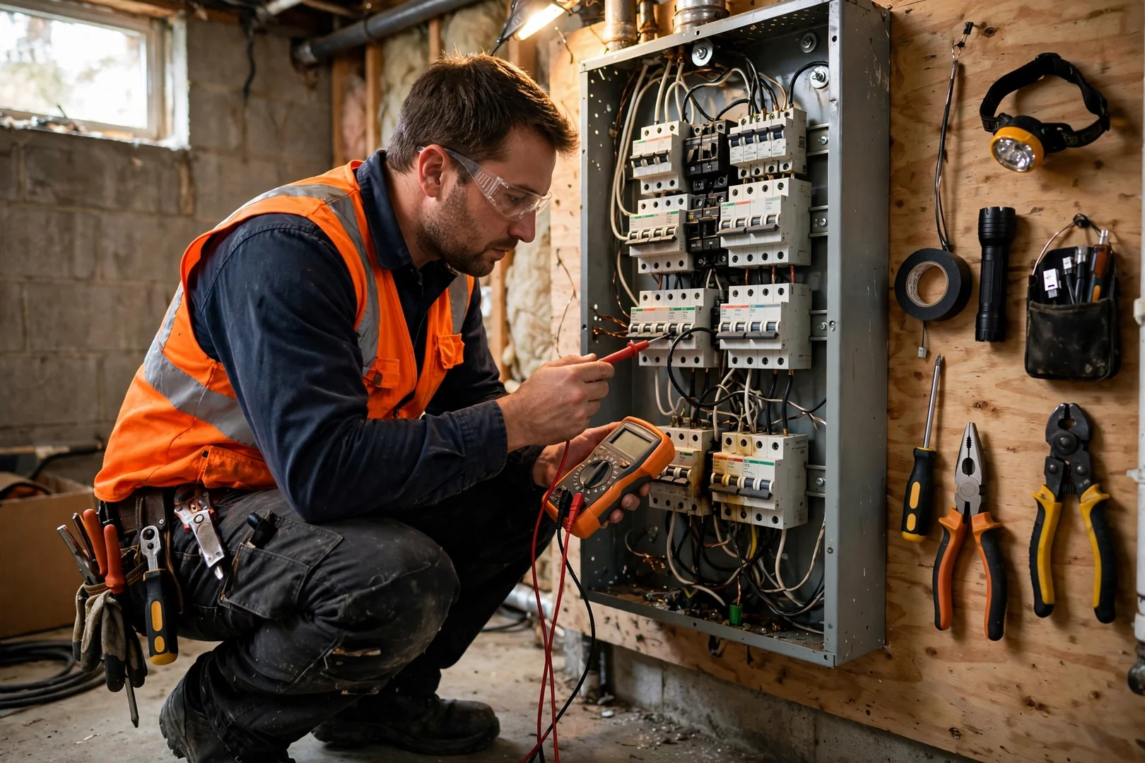 Overloaded panel with double-tapped breakers documented before corrective repair work begins