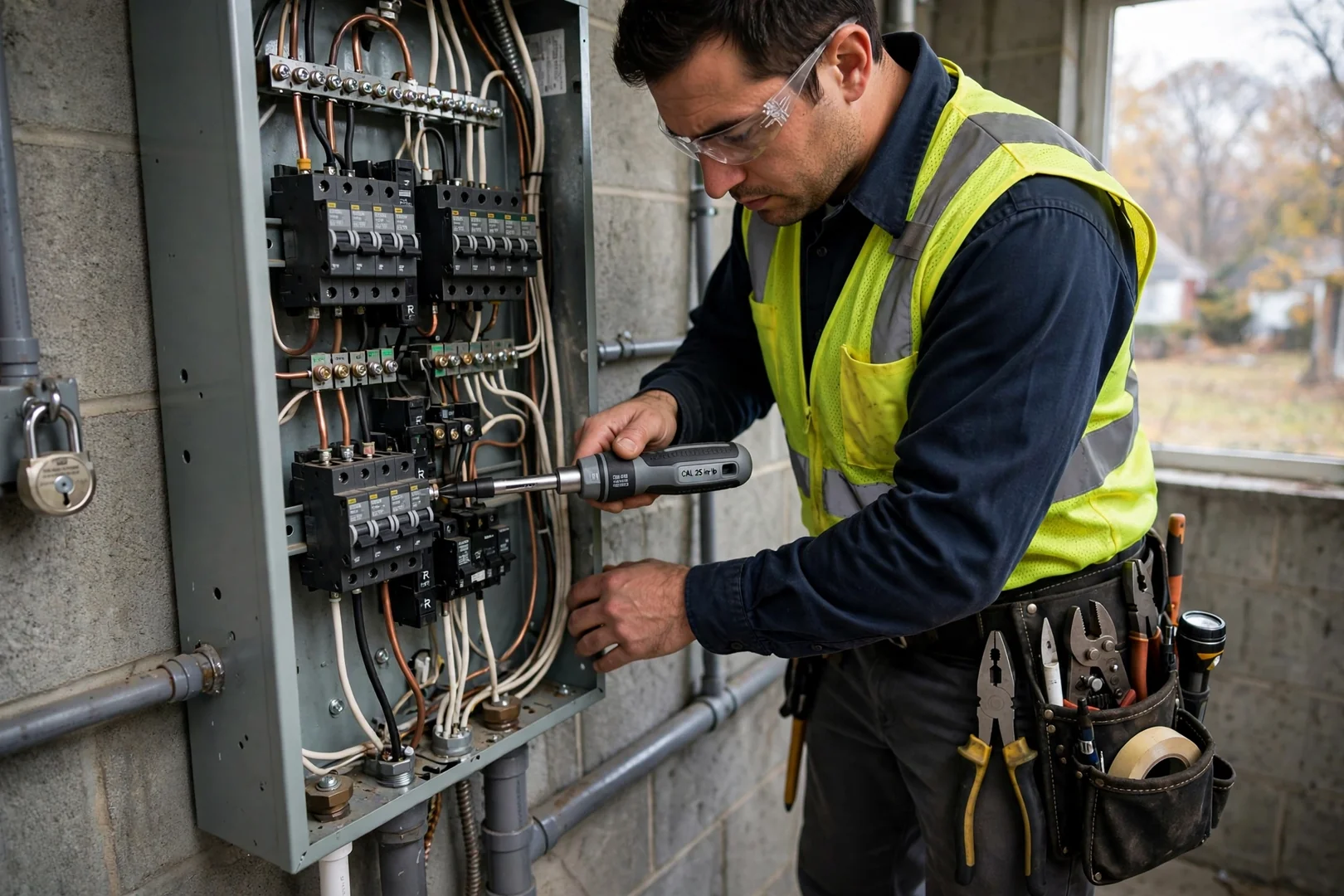 Technician torquing breaker terminations with a calibrated torque screwdriver