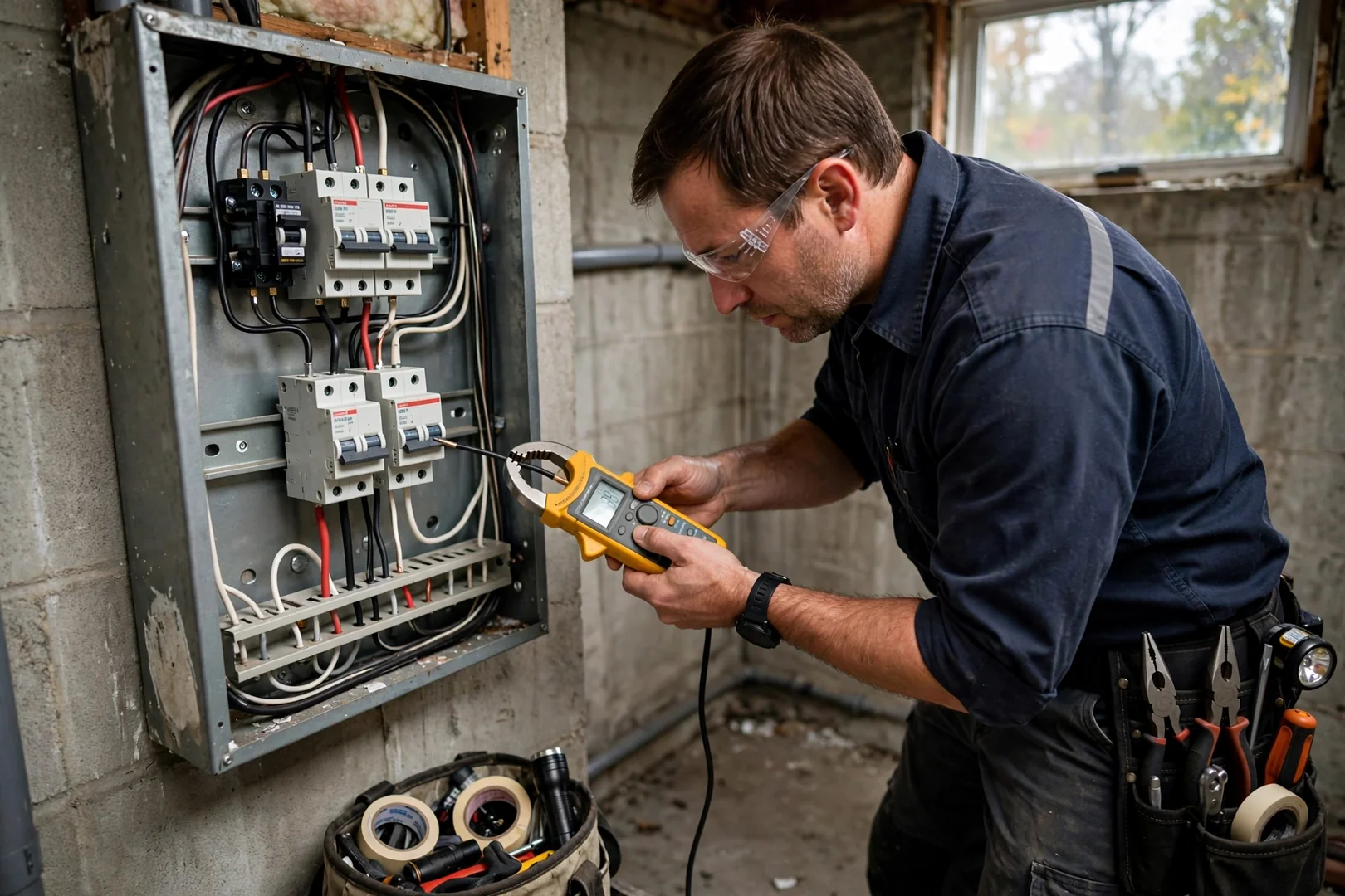 Amp clamp measuring branch circuit load on a repaired two-pole breaker