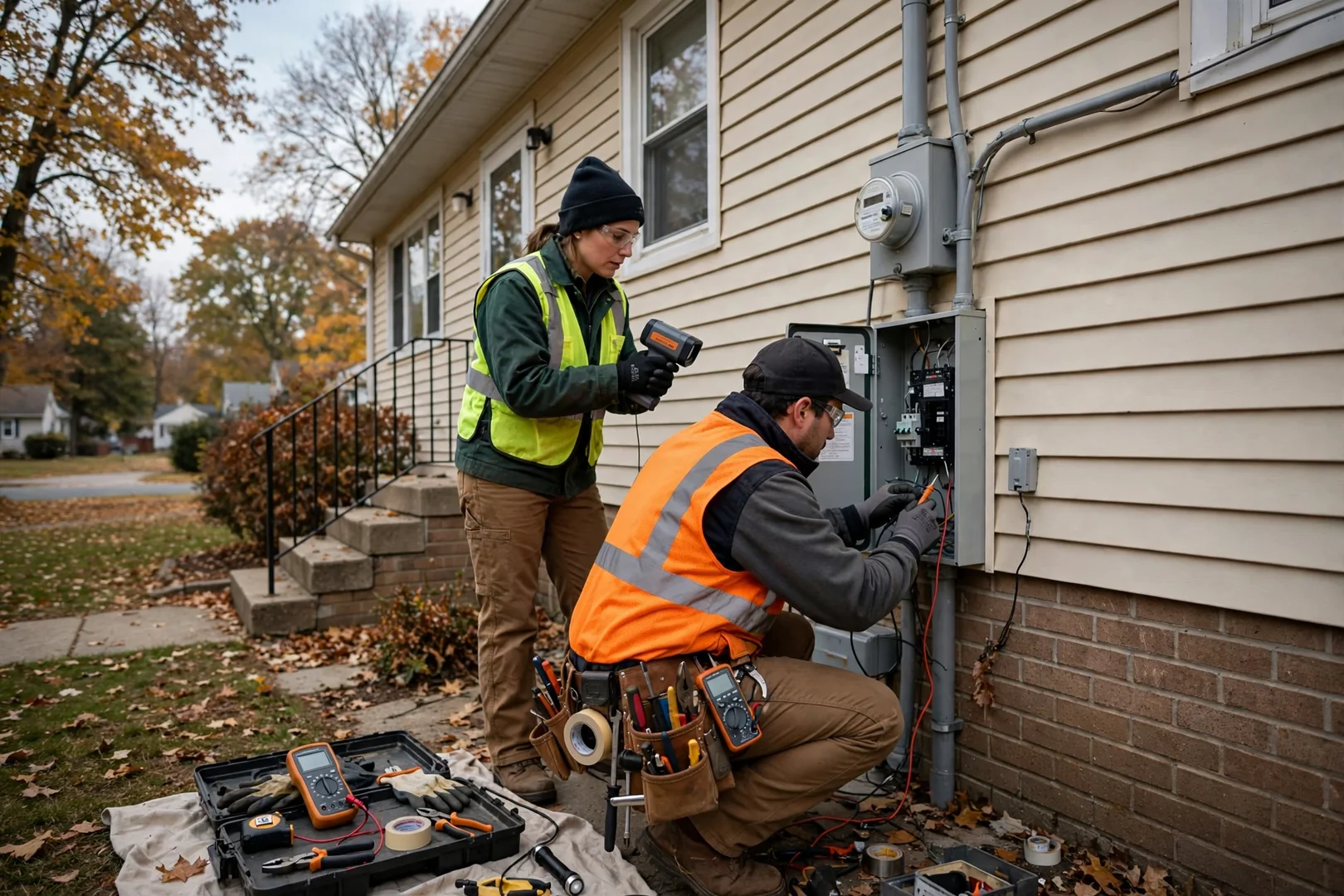 Wide shot of exterior meter and panel area on a Centereach split-level house