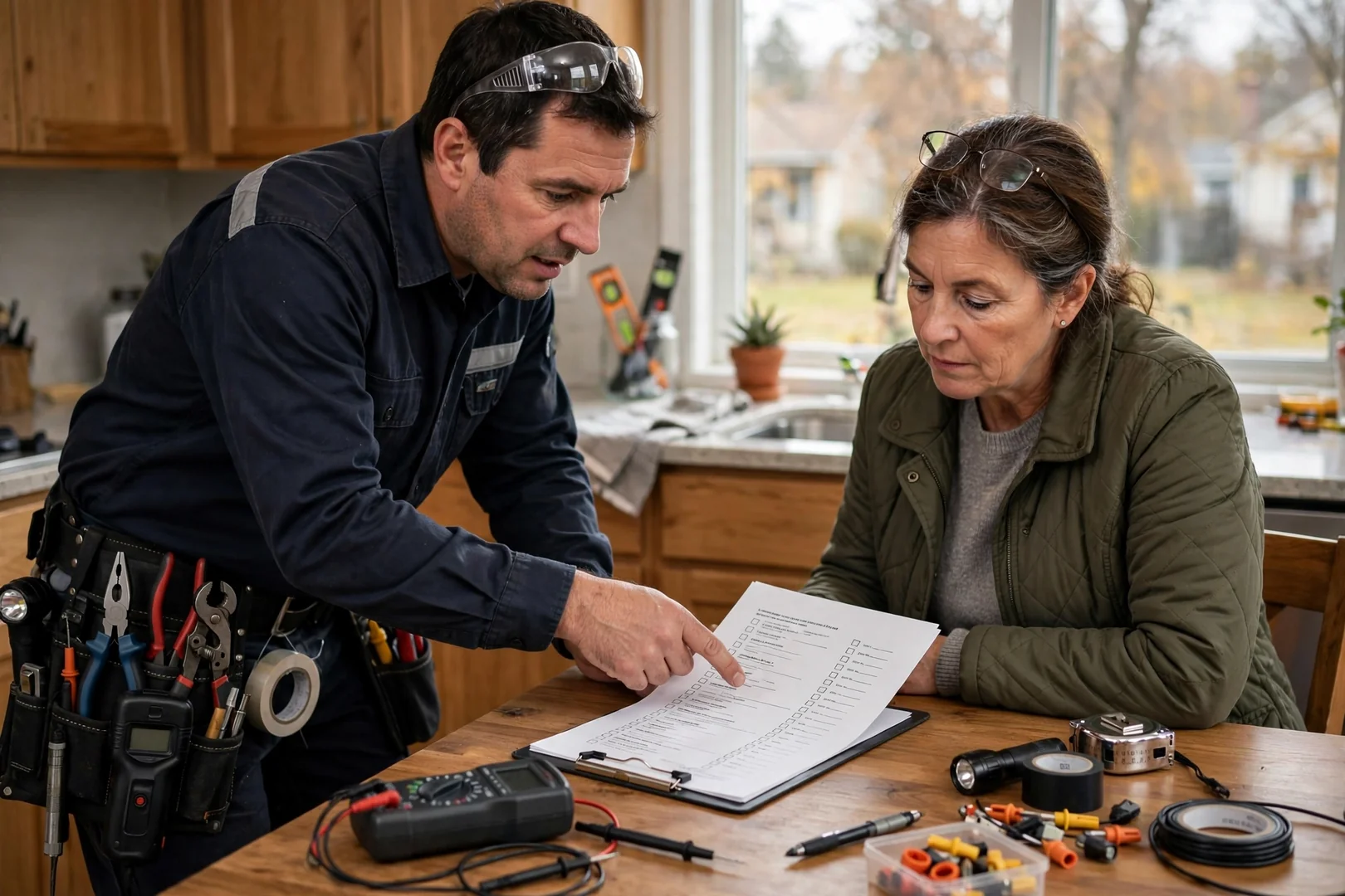Technician reviewing an itemized written inspection estimate with a homeowner at a kitchen table