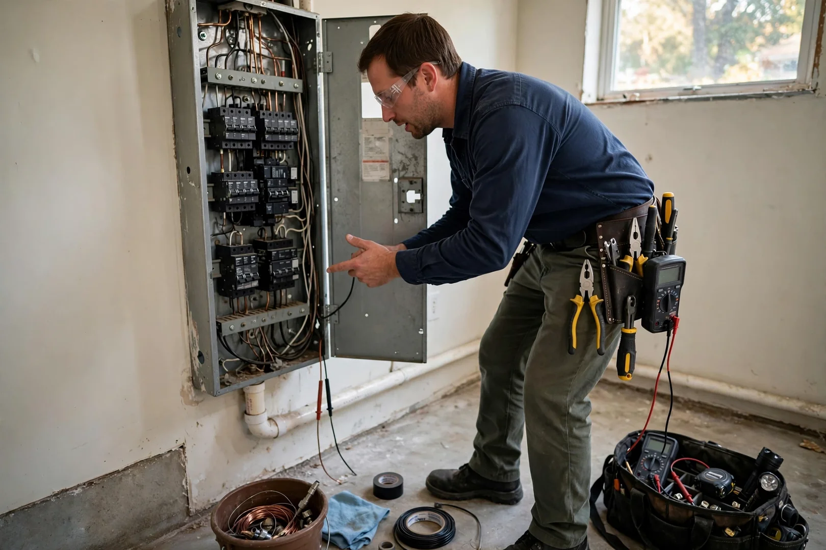 Open breaker panel showing labeled circuits during a cost assessment in a Centereach home