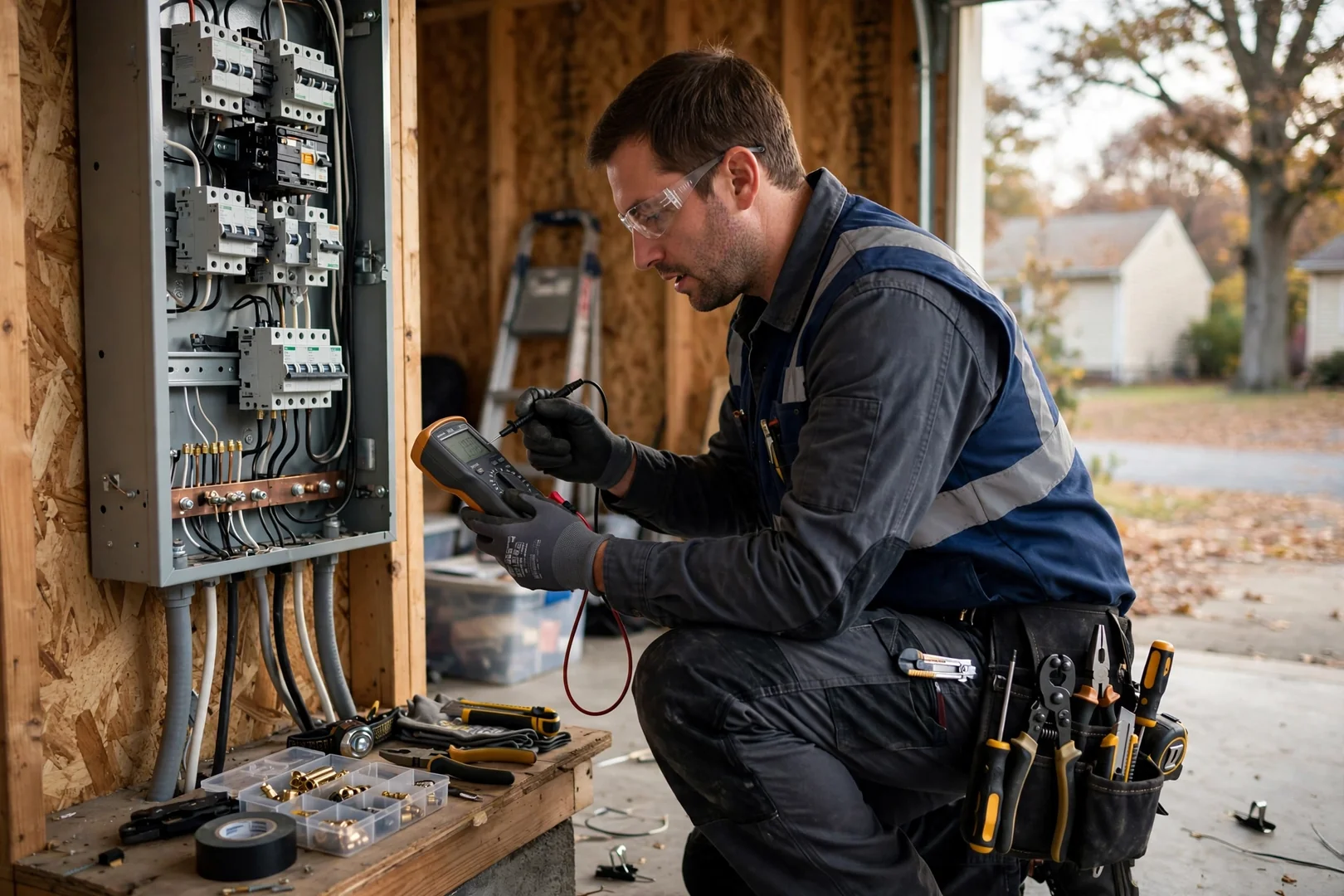 Electrician testing circuits at a Centereach home panel during inspection