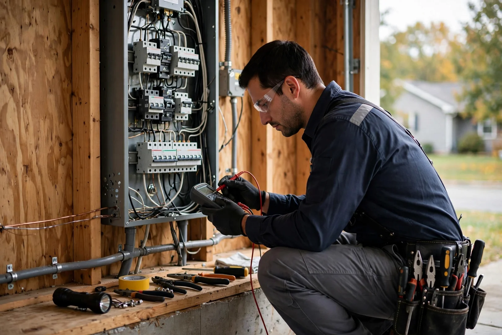 Electrician testing breaker terminations inside an open residential panel during a Centereach inspection
