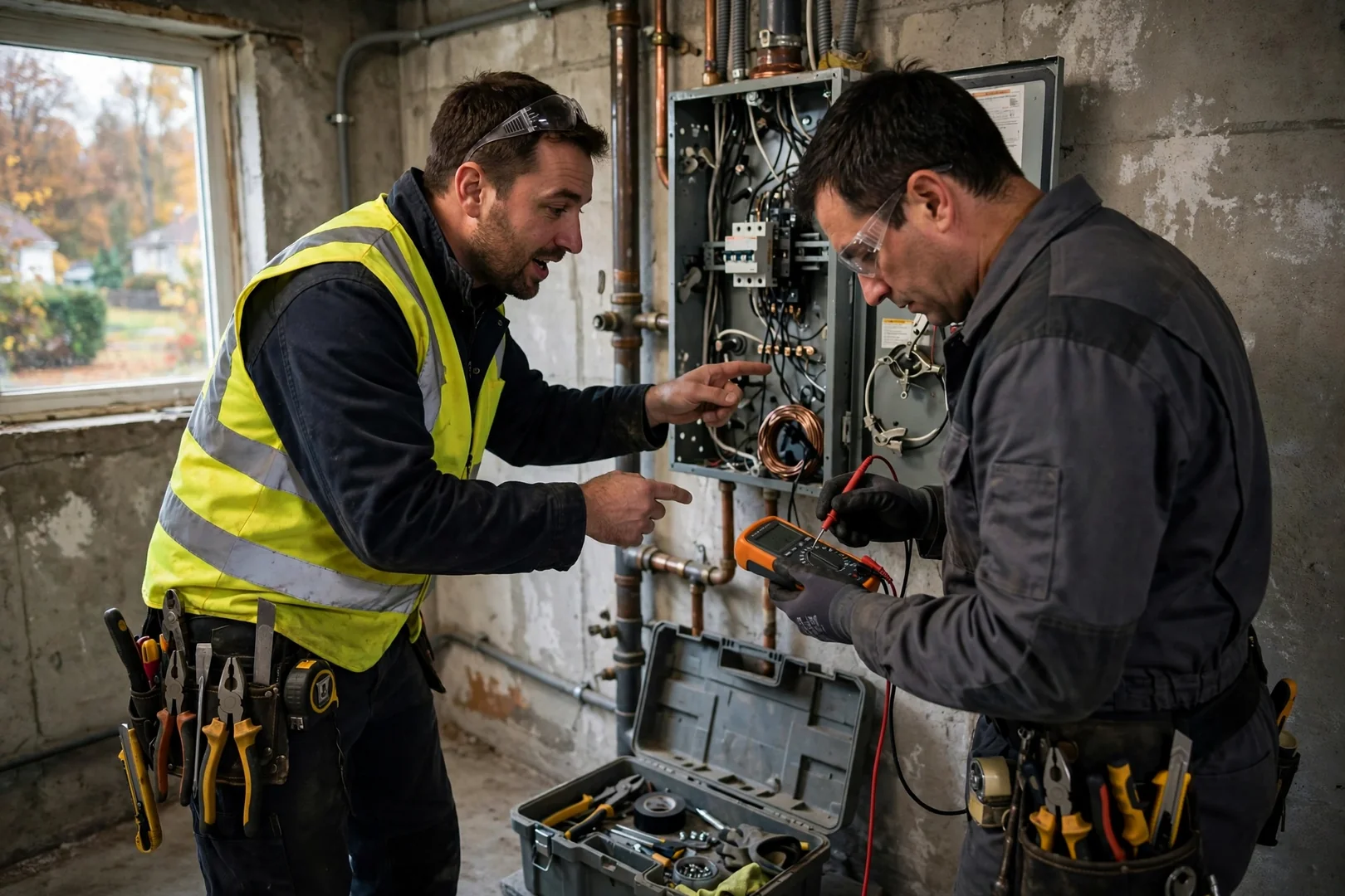 Electrician testing a residential service panel with a multimeter during a home electrical inspection