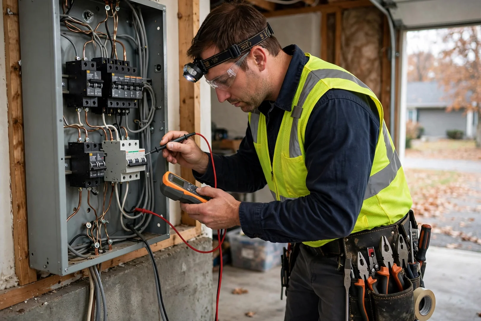 Electrician testing breaker terminations inside an open residential panel during a Centereach inspection