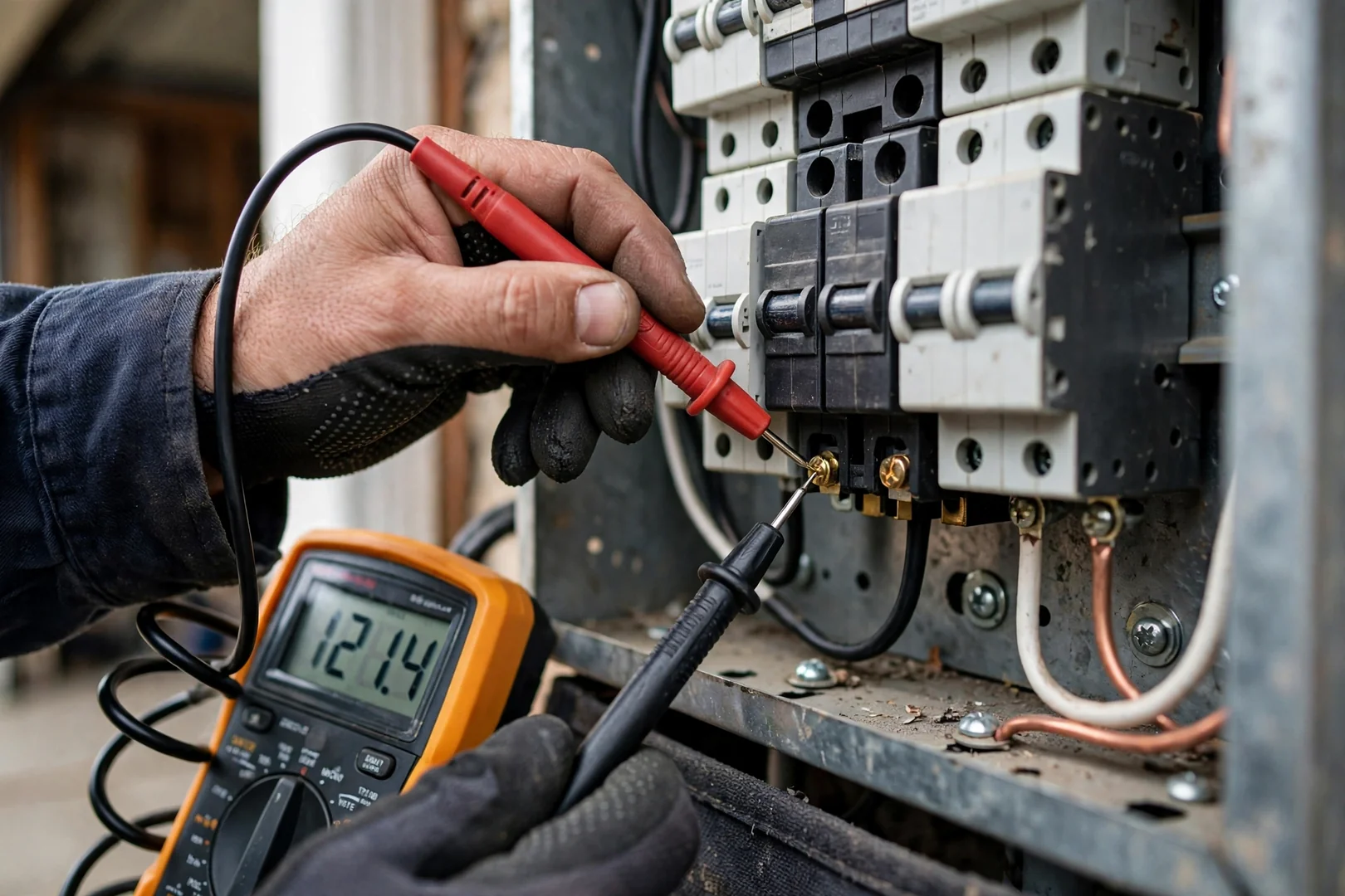 Close-up of multimeter probes reading voltage at a branch circuit breaker terminal