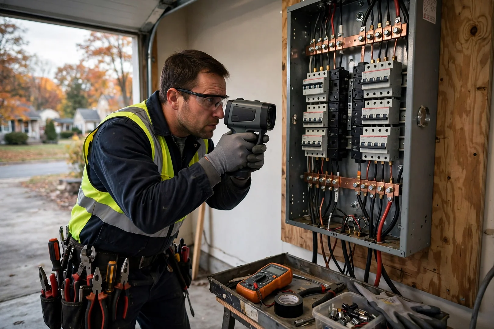 Thermal imaging camera scanning a load center for heat buildup at panel lugs