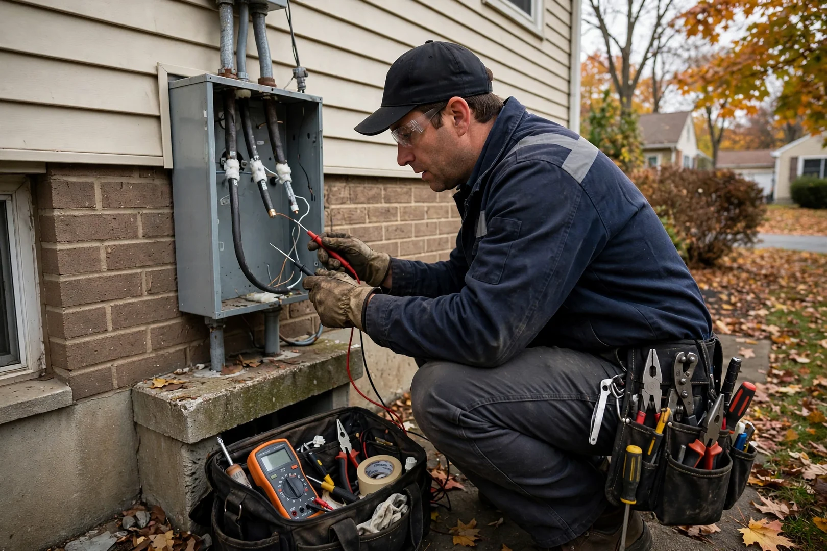 Outdoor meter base and service entrance conductors checked on a split-level home