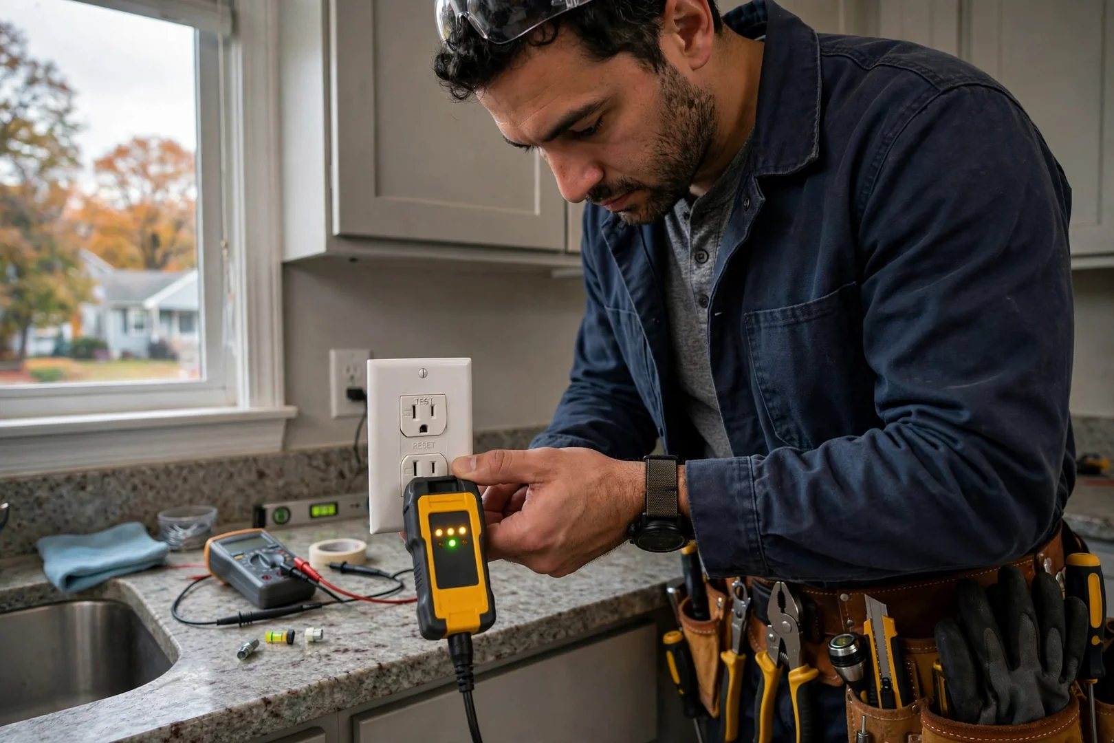 Receptacle tester plugged into a kitchen outlet confirming GFCI trip function and polarity