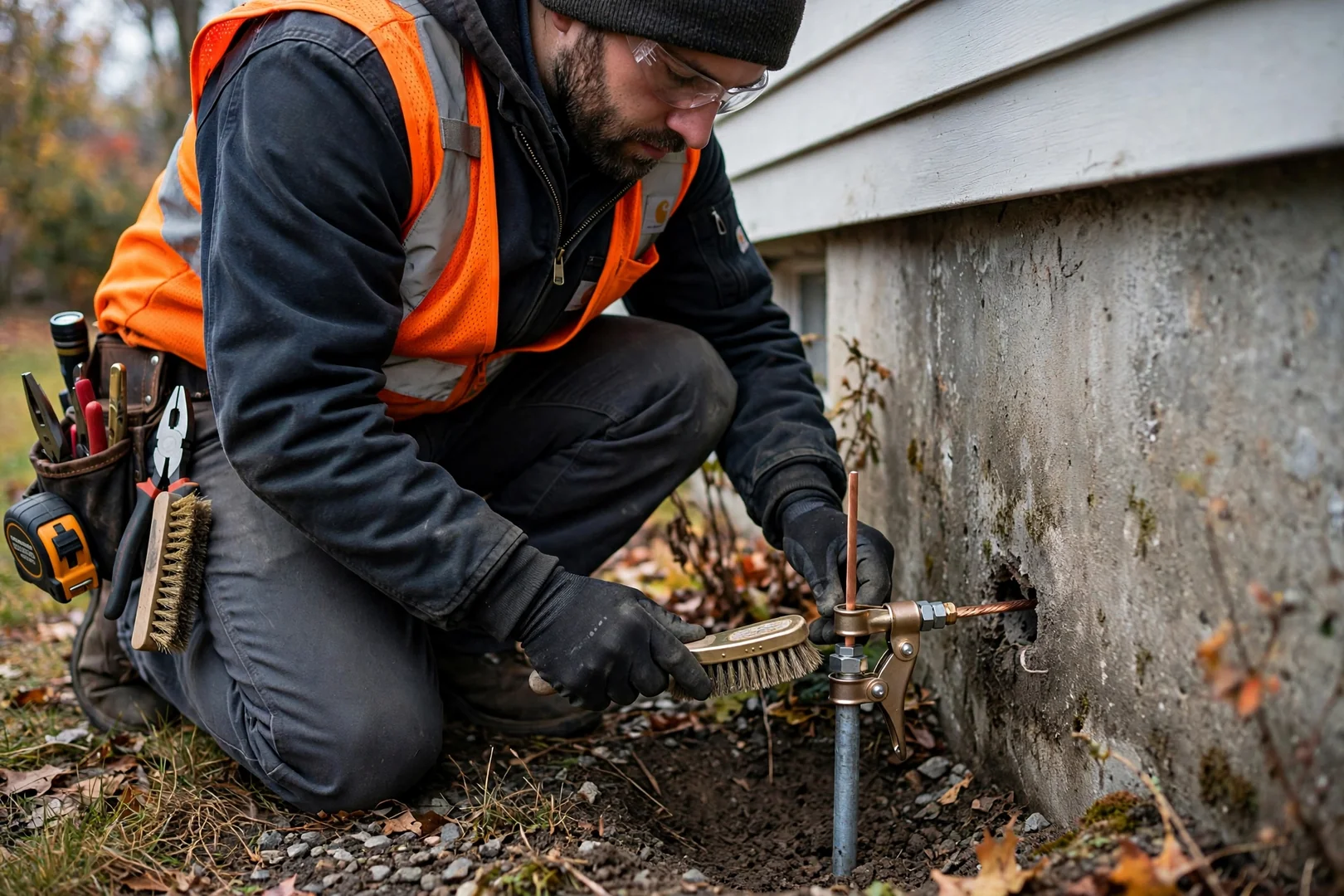 Grounding electrode conductor and ground rod clamp inspected along a home foundation