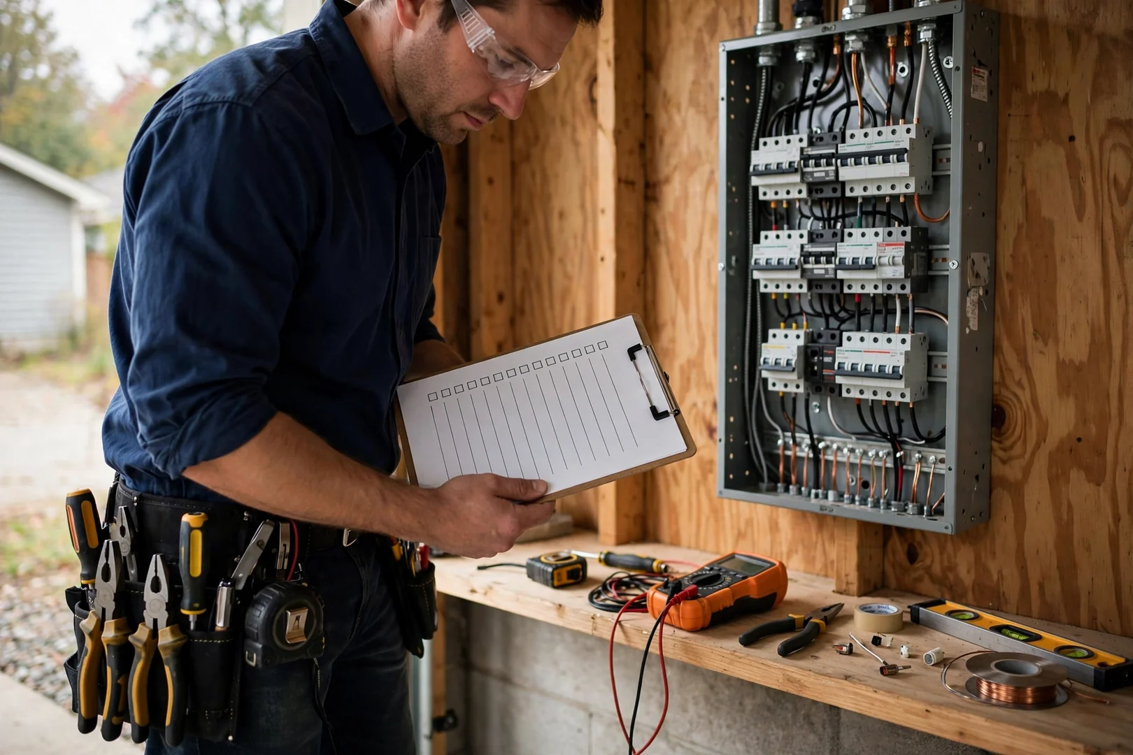 Written inspection report and findings checklist reviewed beside a finished electrical panel