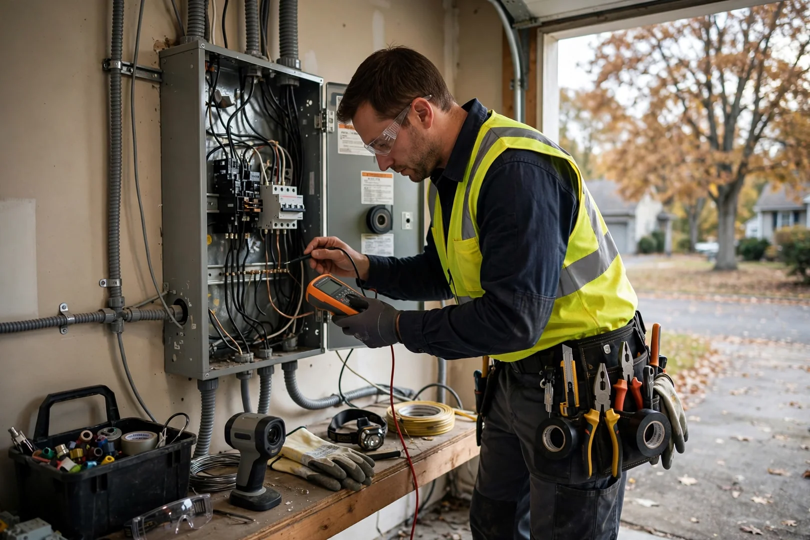 Trained electrician using thermal imaging to check panel connections during a home inspection