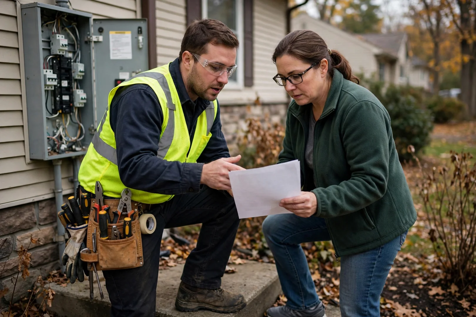 Technician reviewing a written panel repair estimate with a homeowner in Centereach