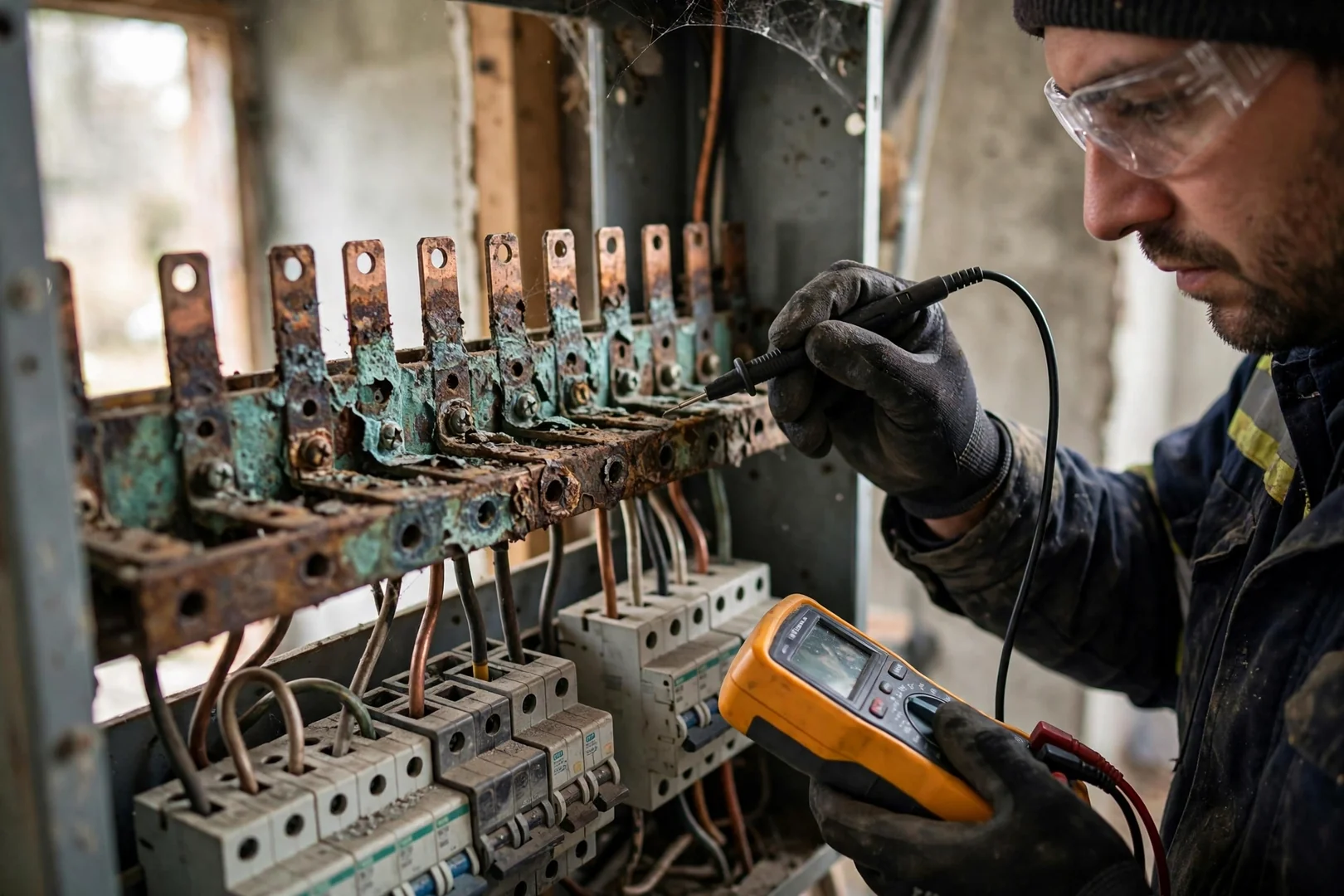 Close view of corroded breaker bus bar contacts flagged during a panel cost assessment