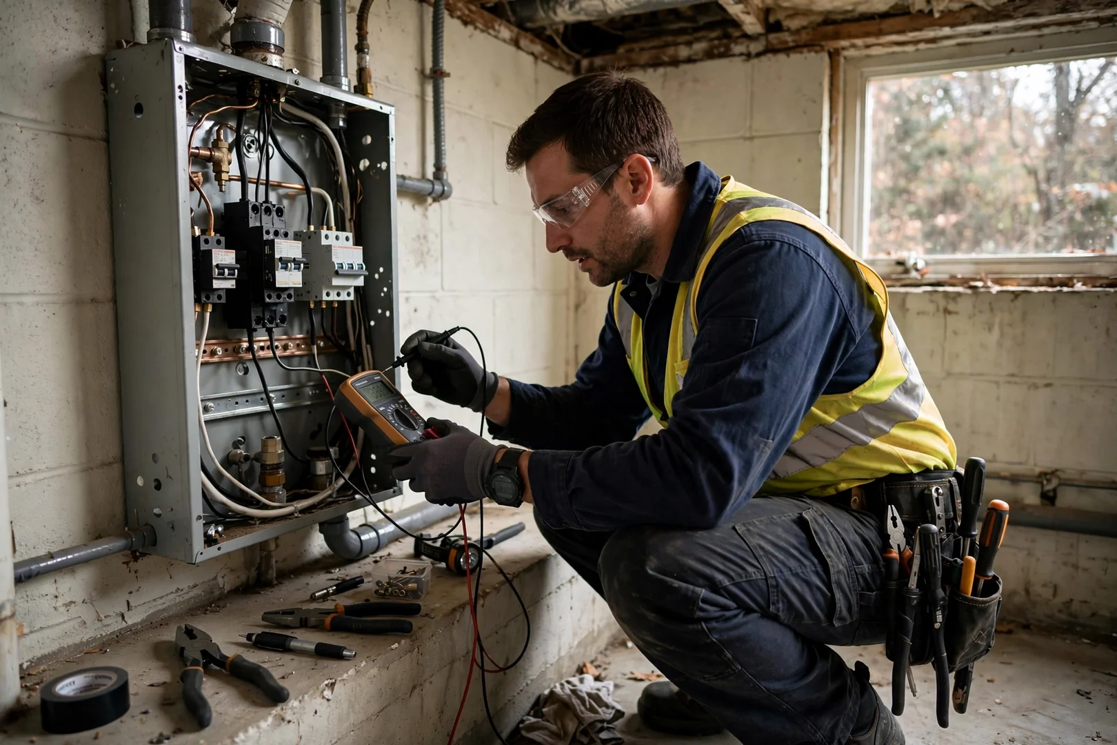 Electrician testing breaker panel terminations inside a Centereach home basement