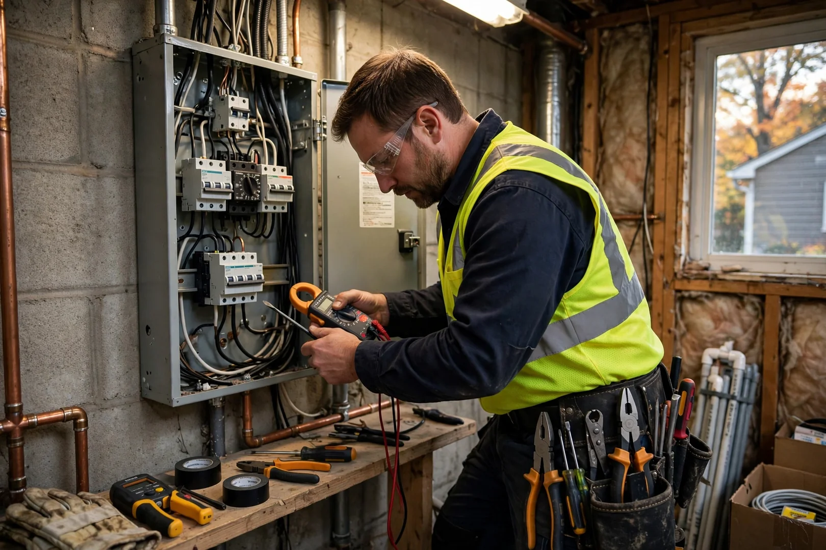 Electrician testing breaker connections inside an open residential load center in Centereach