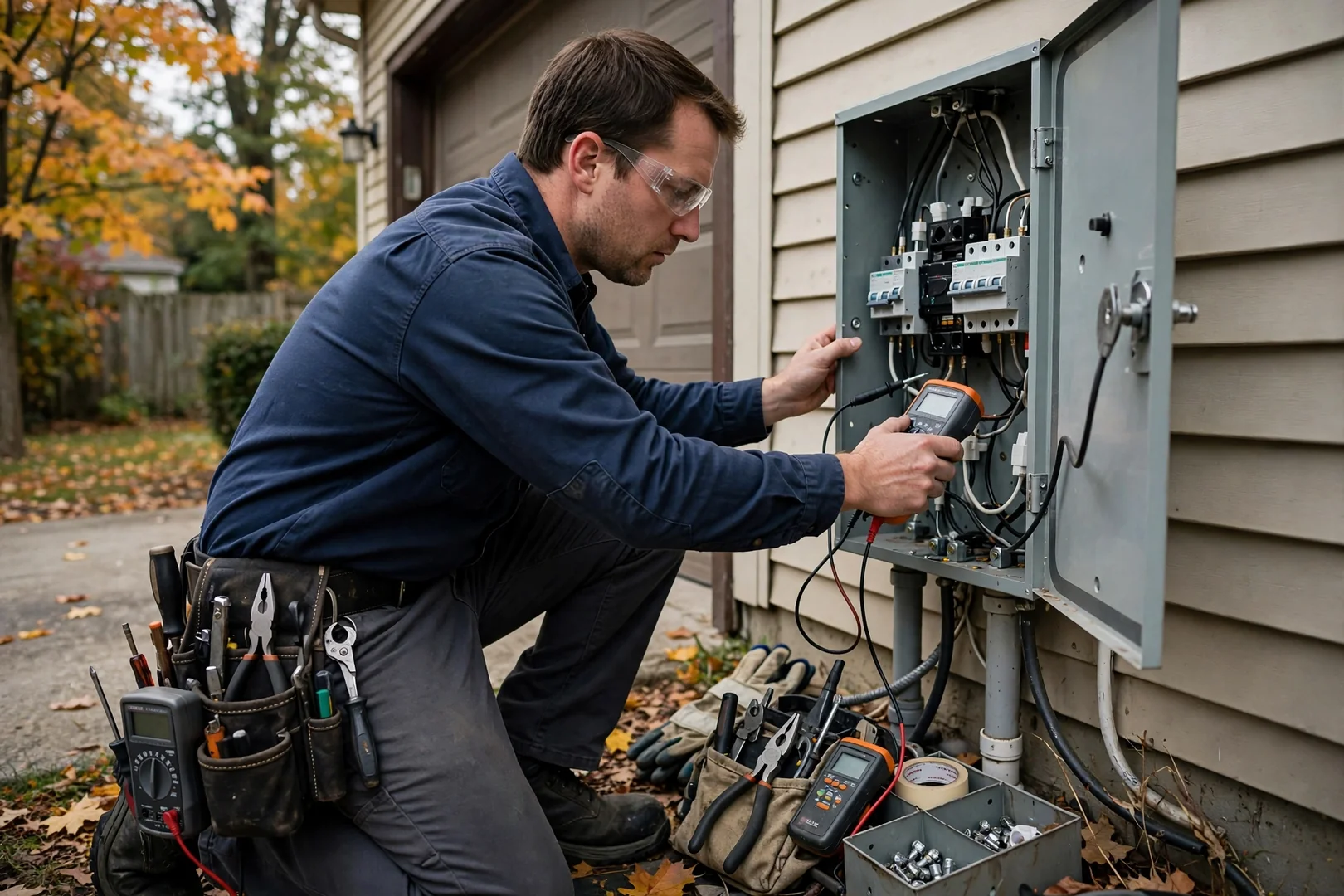 Electrician testing breaker terminals inside an open residential load center during panel repair