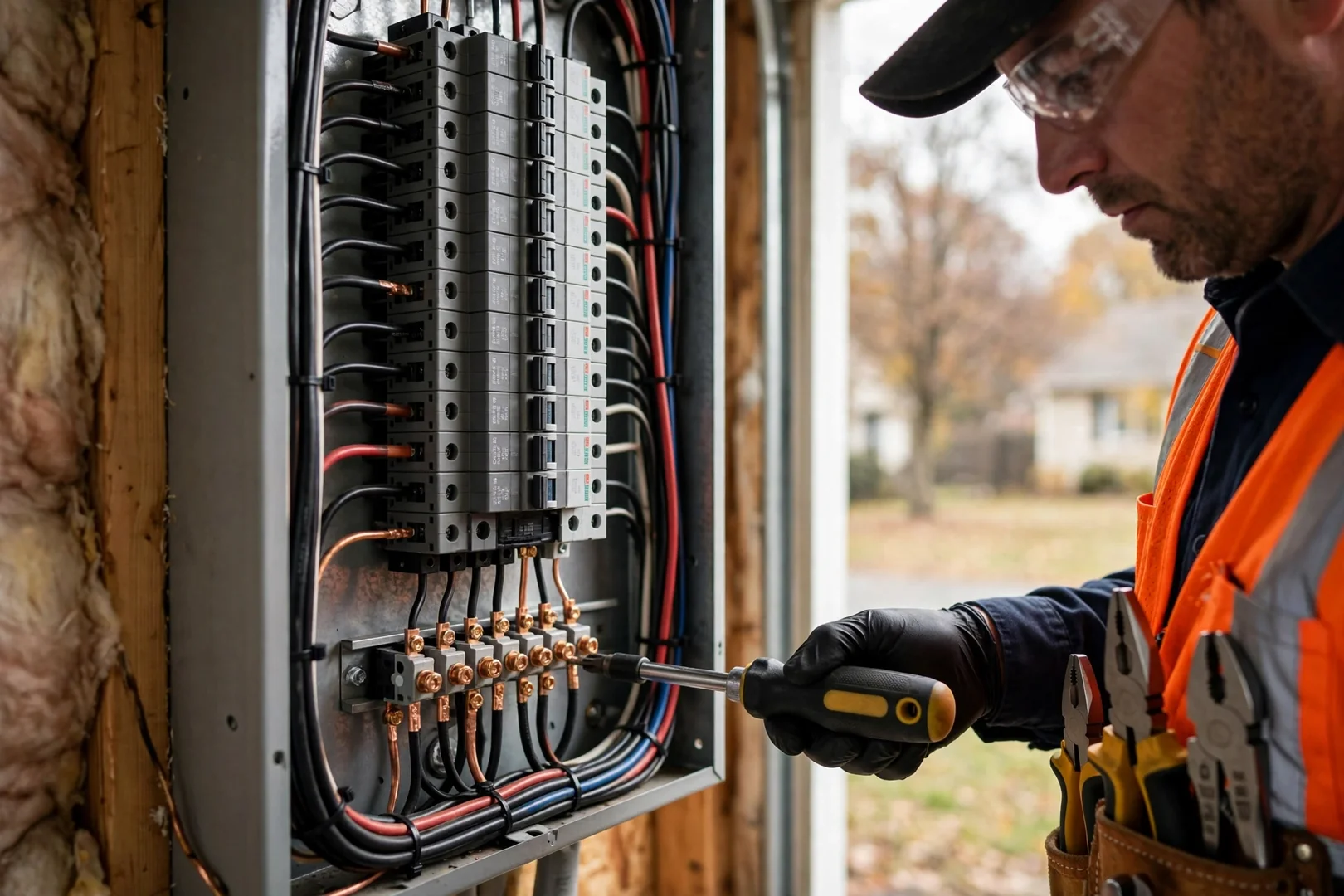 Close-up of repaired electrical panel with neatly organized breaker wiring and torque-checked lugs