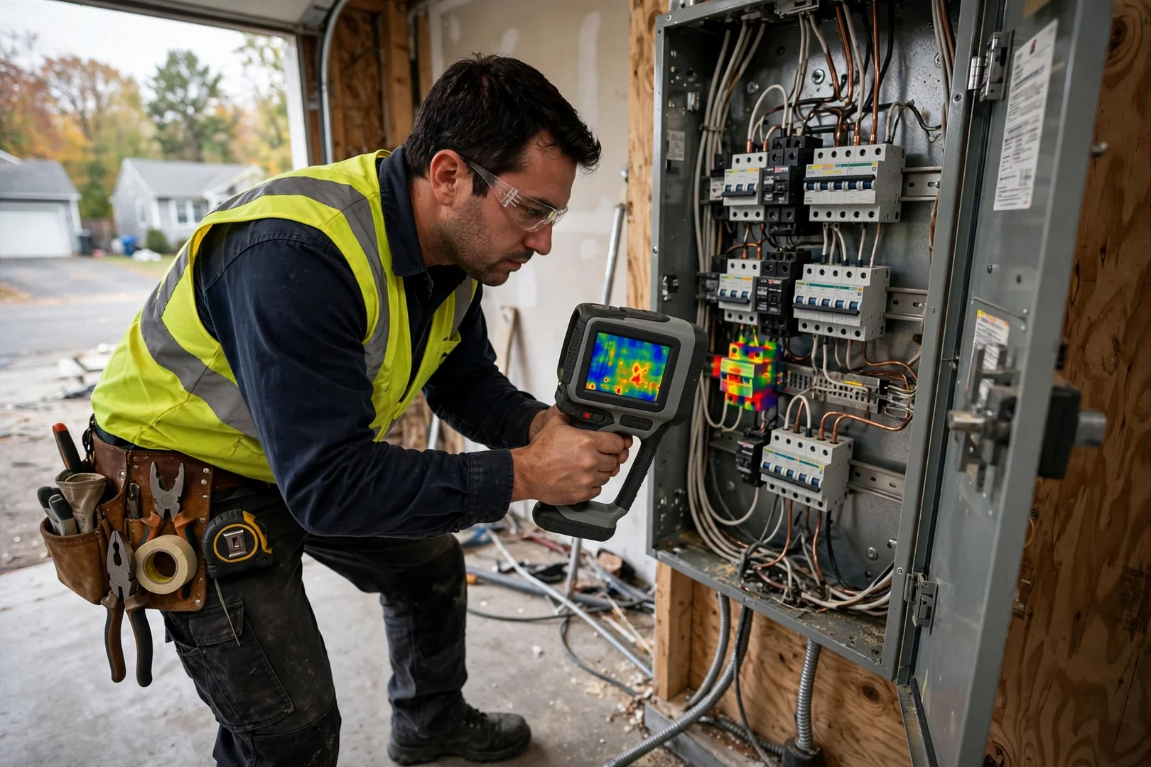 Technician using thermal camera to scan load center interior during Centereach panel inspection