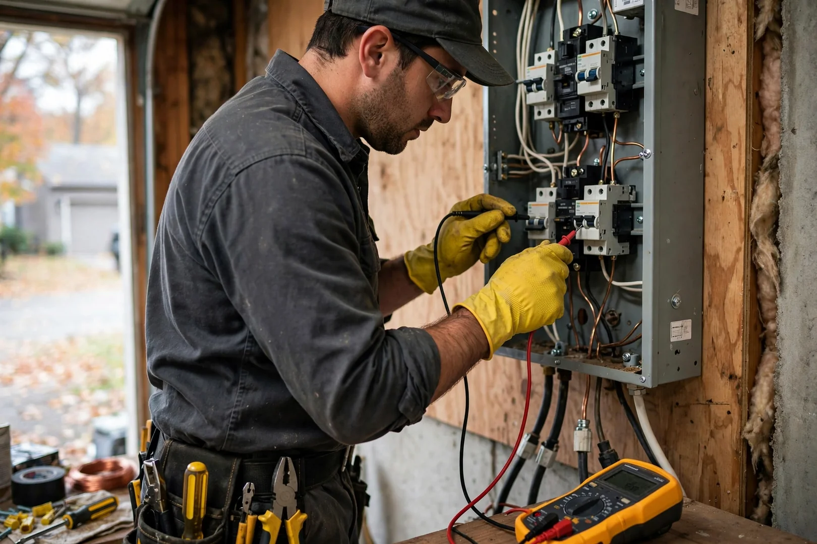 Multimeter testing voltage at breaker terminals inside open panel with insulated hand tools