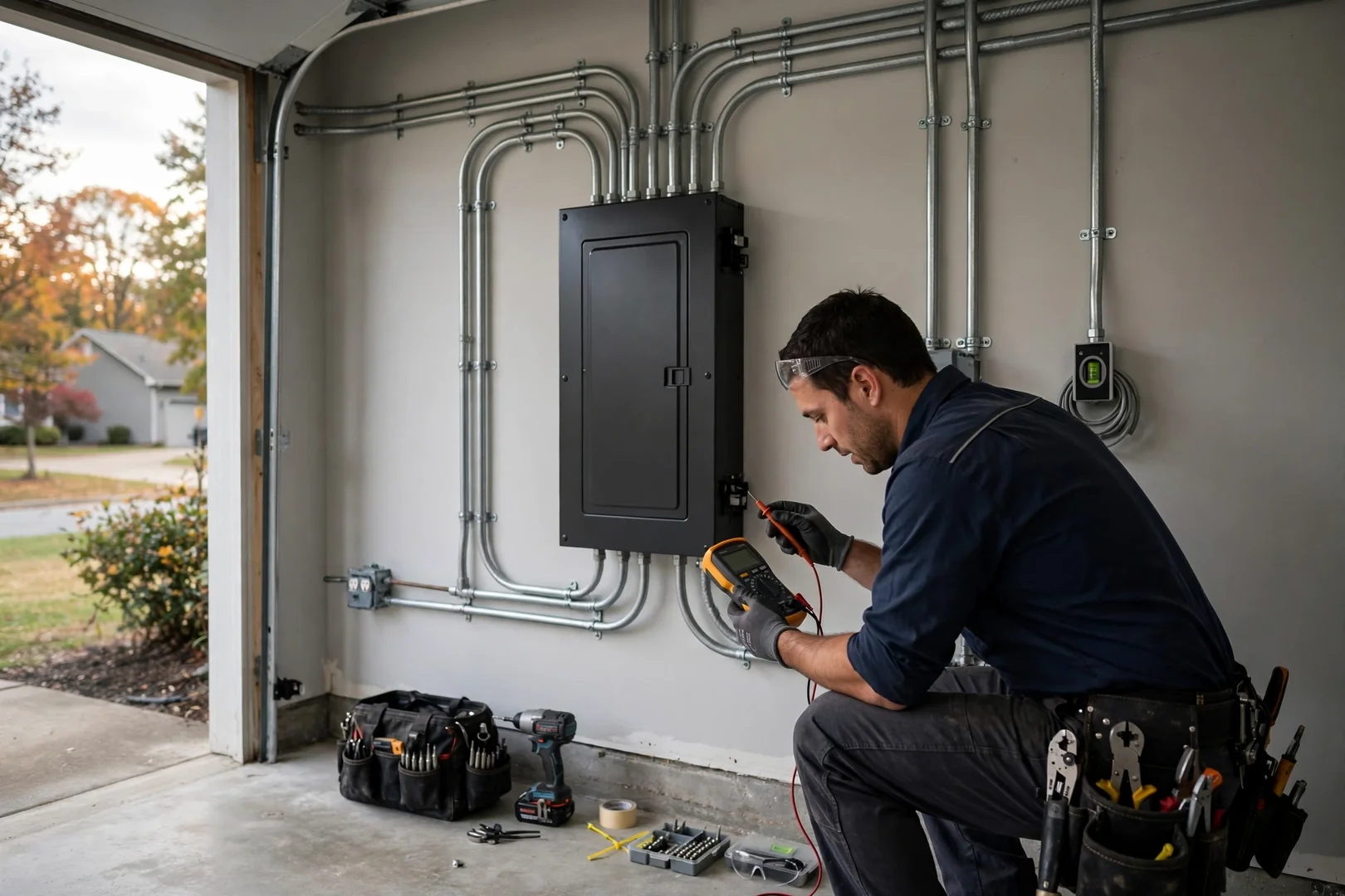 Finished panel upgrade in garage with clean conduit runs and closed dead front cover
