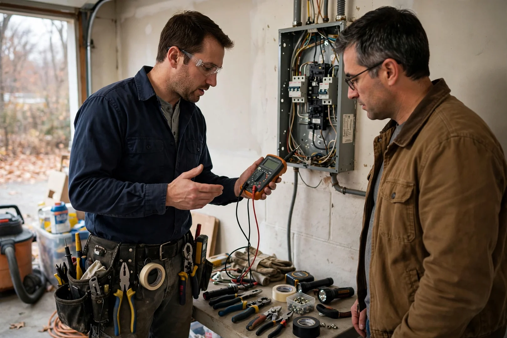 Trained electrician torque-checking breaker connections inside a labeled residential electrical panel