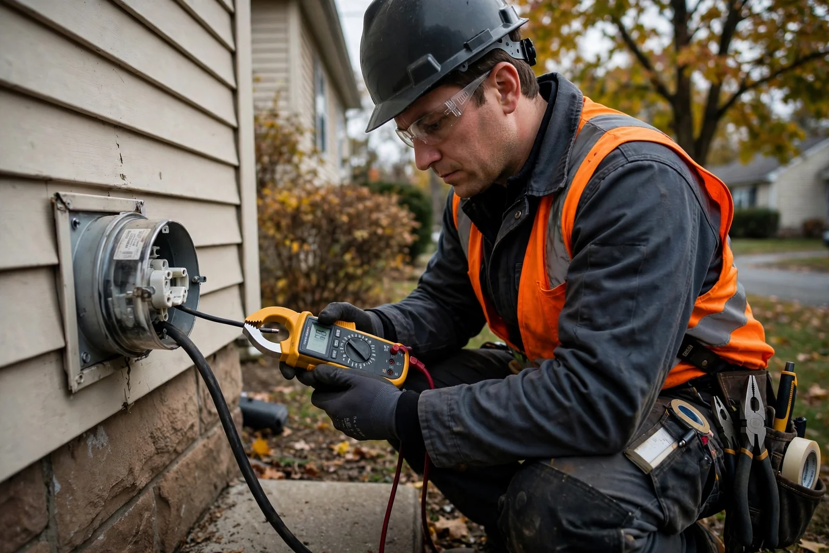 Technician measuring available amperage at a residential meter socket before a panel upgrade