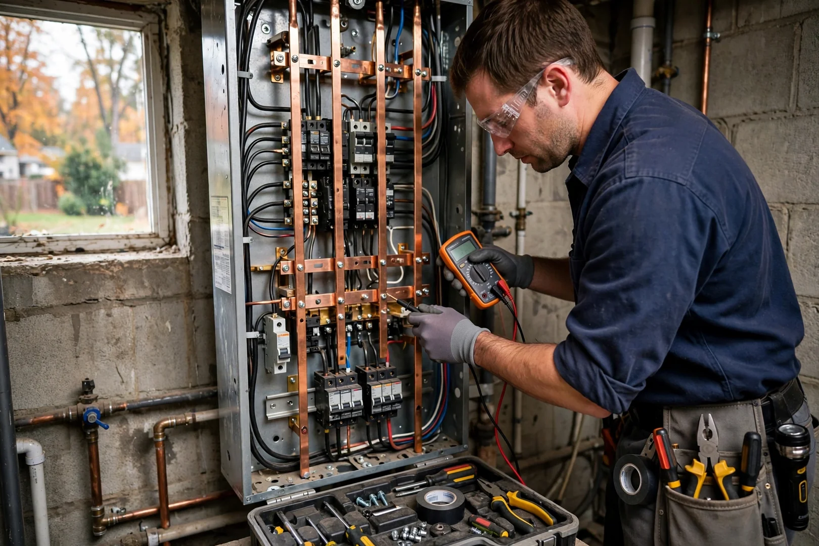 Open breaker panel showing copper bus bars and labeled circuit terminations during cost assessment