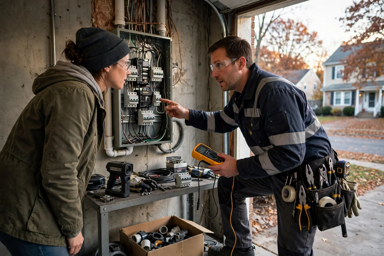 Electrician installing a 200 amp service panel with labeled breakers in a Centereach home