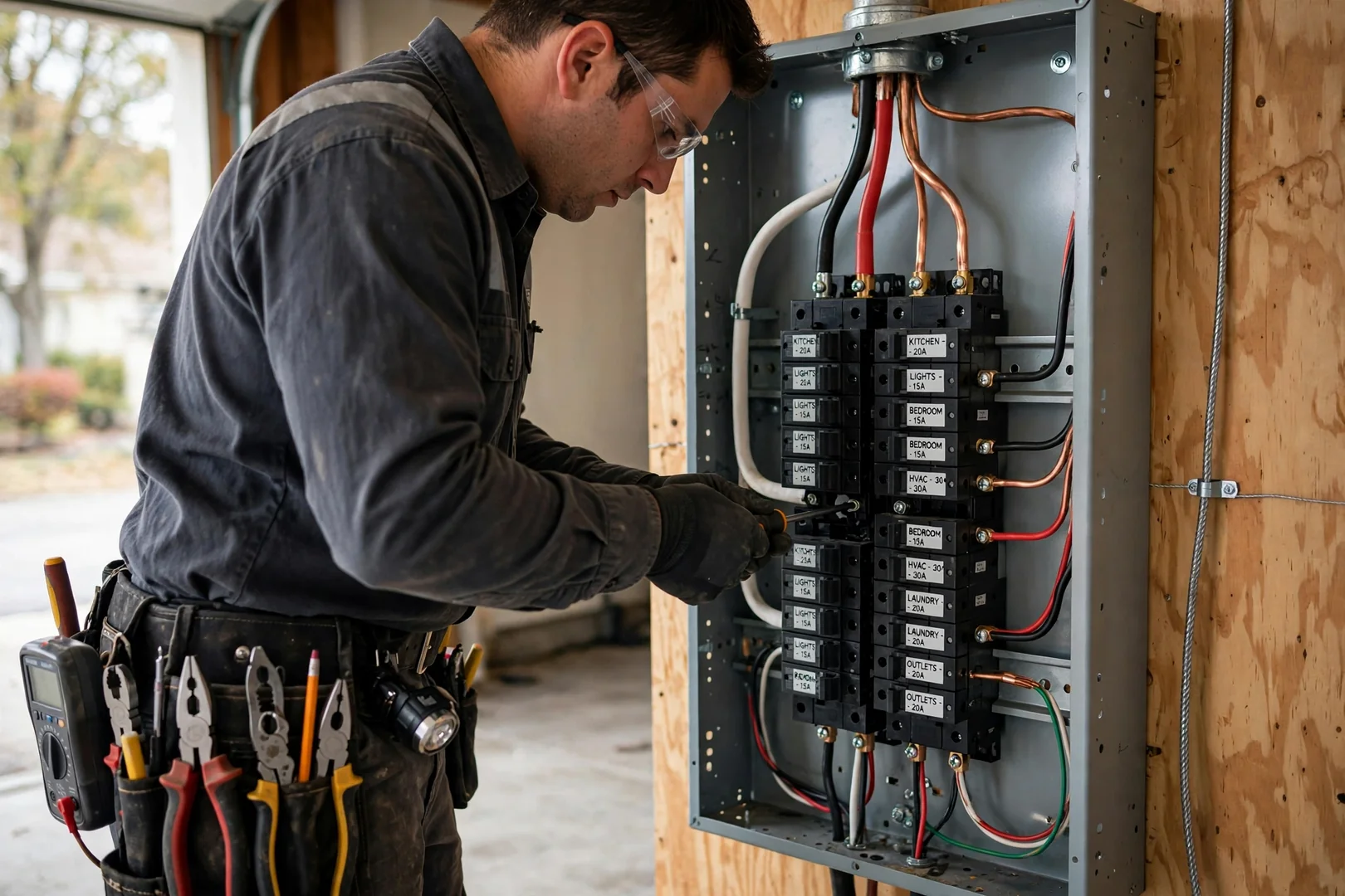 Close-up of new 200-amp load center with neatly bent copper feeders and labeled breakers