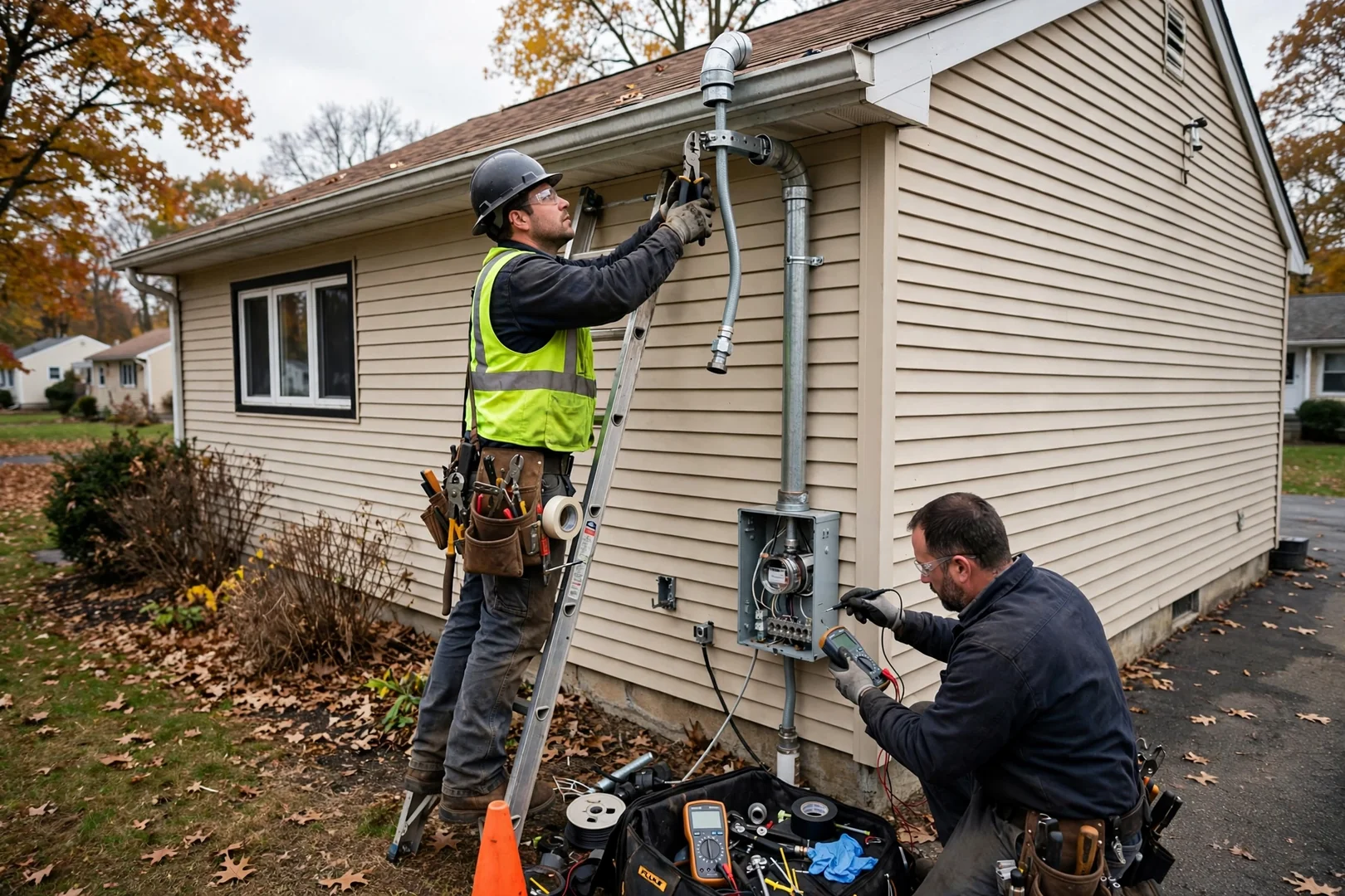 Wide shot of exterior meter socket and service mast replaced on a Centereach ranch home