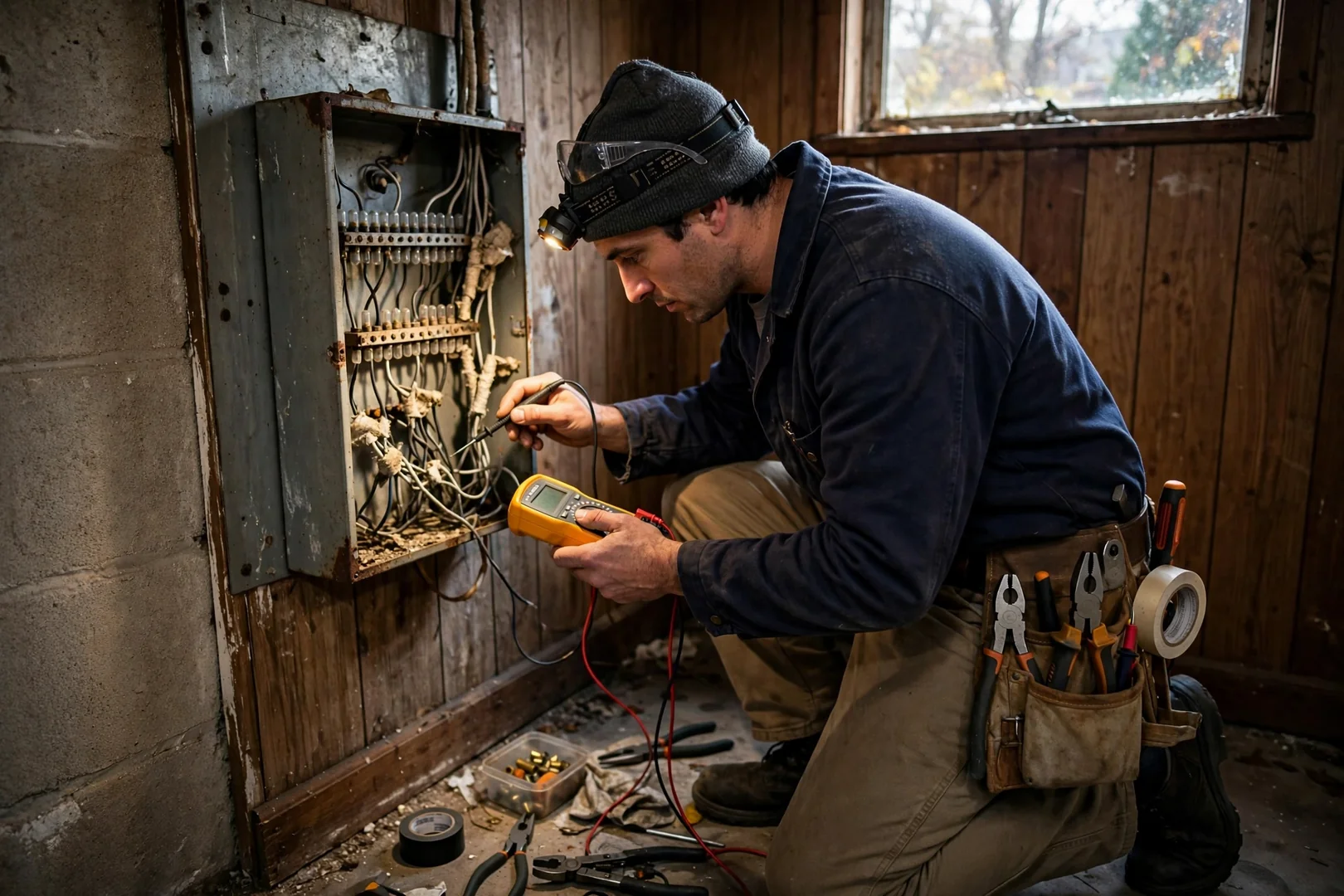 Old fuse box with cloth wiring documented before panel replacement in an older split-level