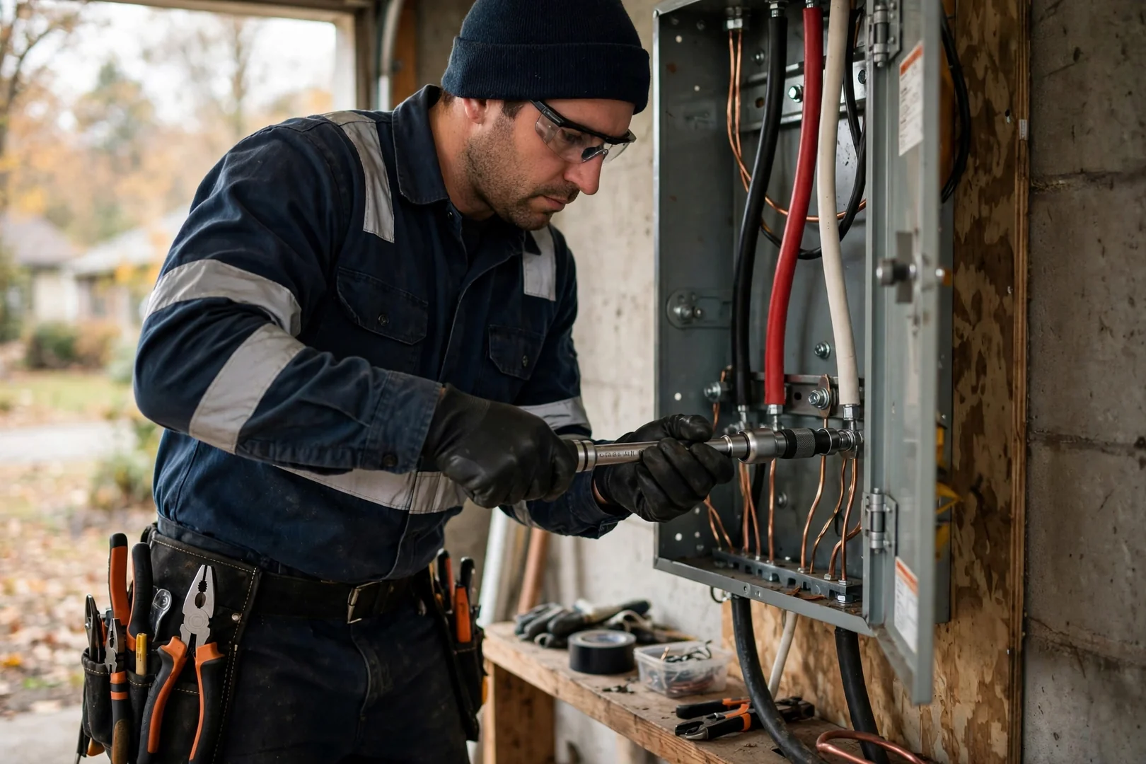Electrician torquing a main lug with a calibrated torque wrench inside an open panel