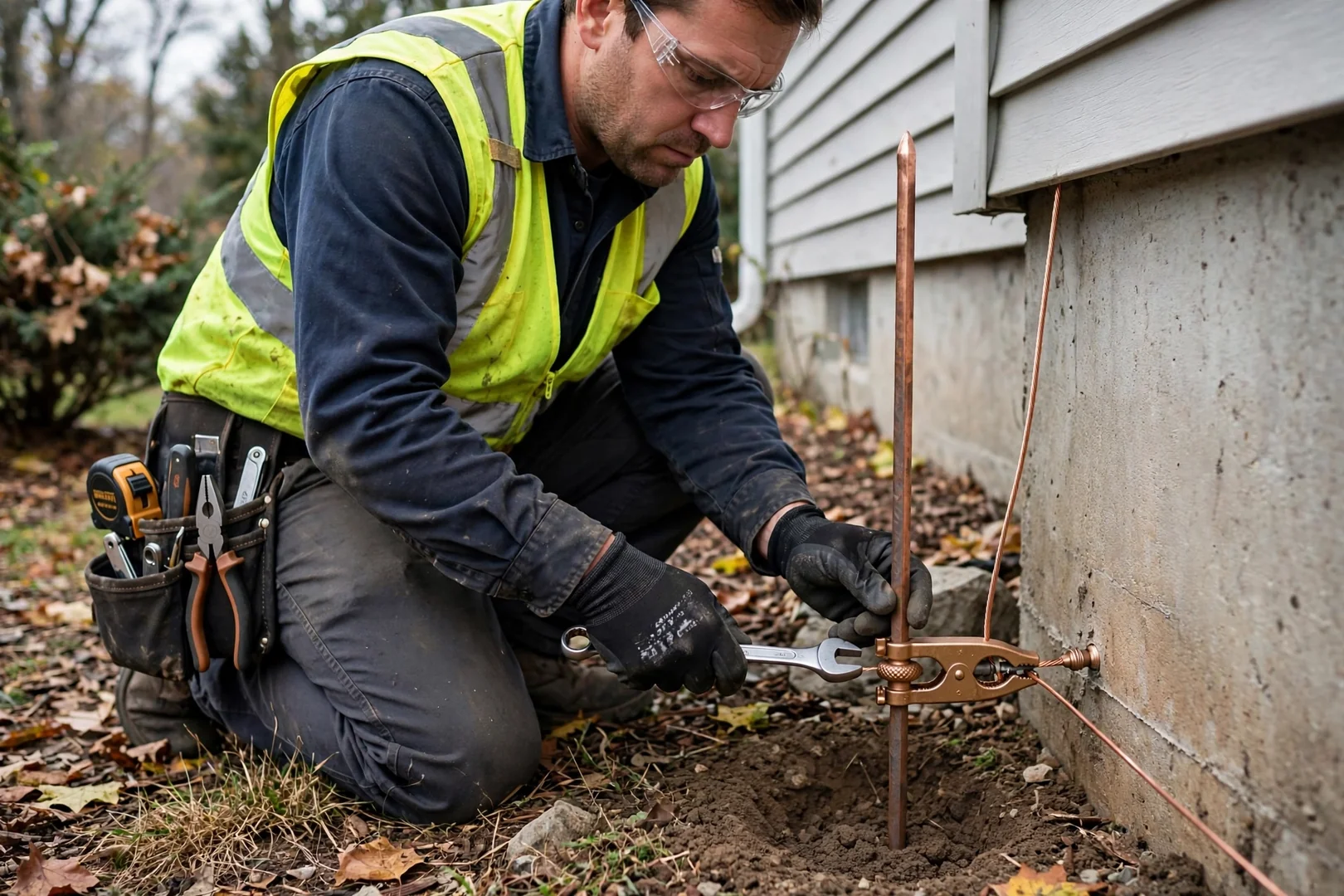 Grounding electrode conductor clamped to a driven ground rod beside a home foundation