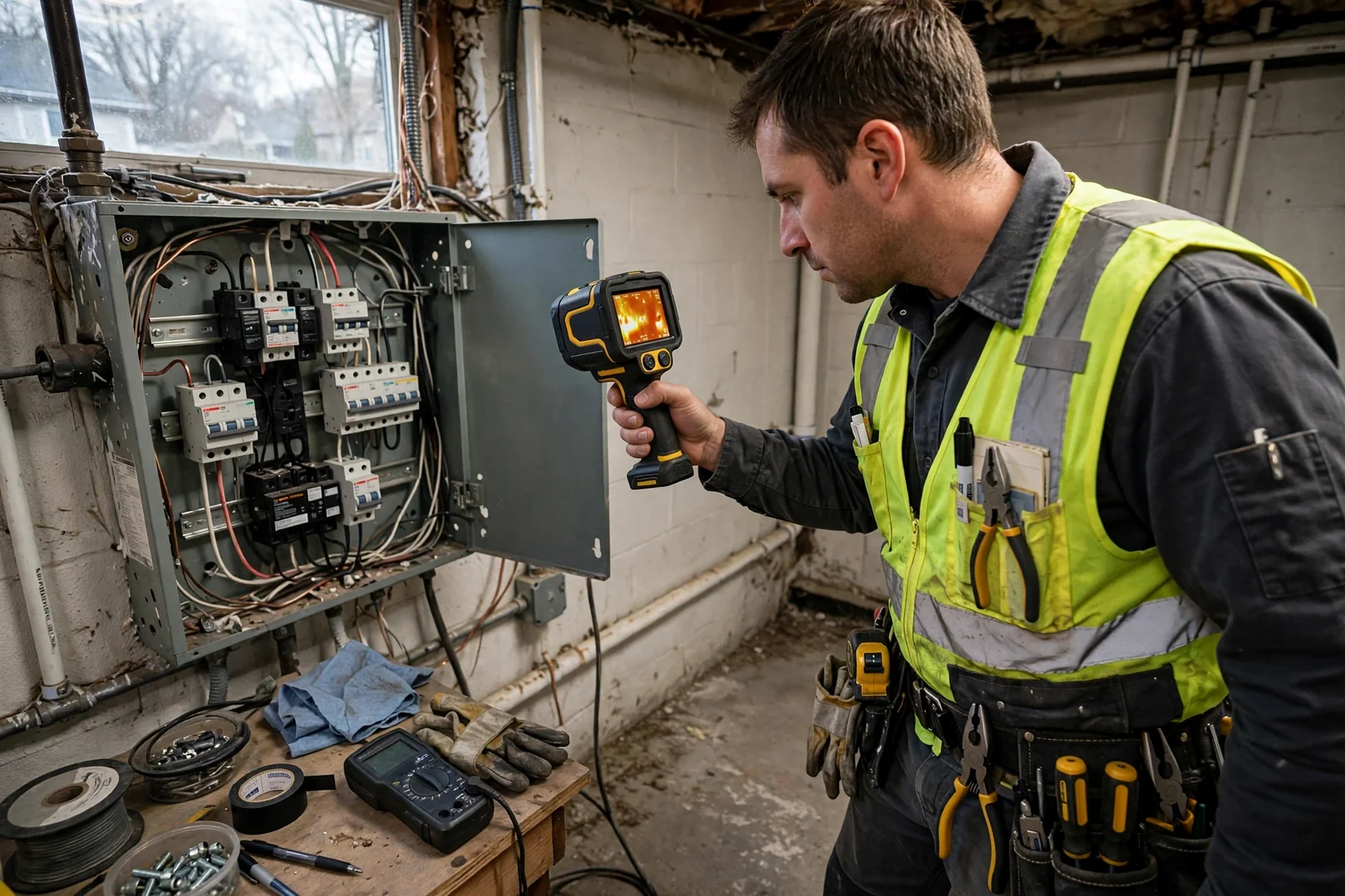 Thermal camera reading breaker terminations during post-installation load testing
