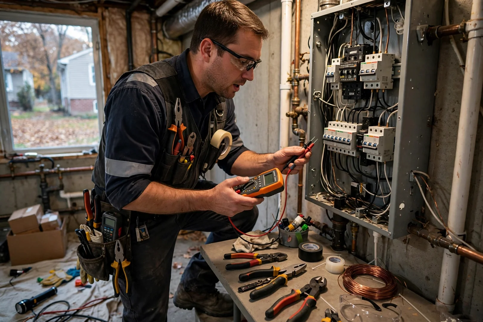 Trained technician torque-testing breaker terminations inside an upgraded 200-amp residential panel