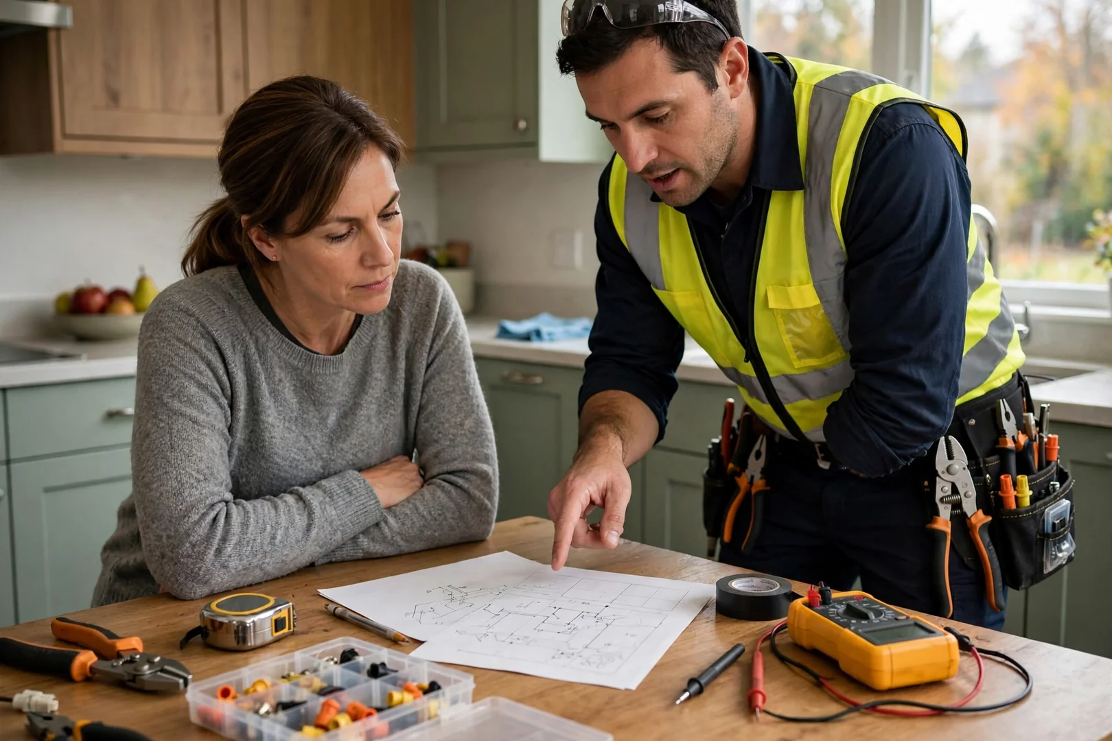 Homeowner reviewing a written electrical repair estimate with a technician at a kitchen table