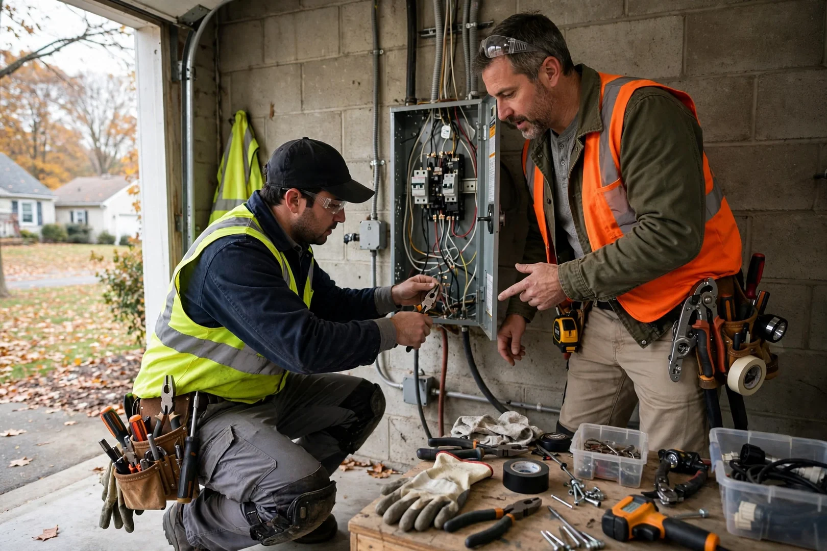 Electrician reviewing repair estimate with homeowner beside an open panel