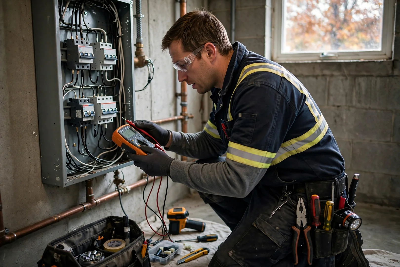 Electrician testing an outlet circuit with a multimeter inside a Centereach home