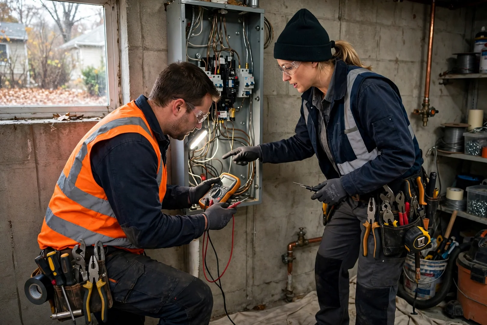 Electrician testing a branch circuit with a multimeter inside a Centereach home service panel
