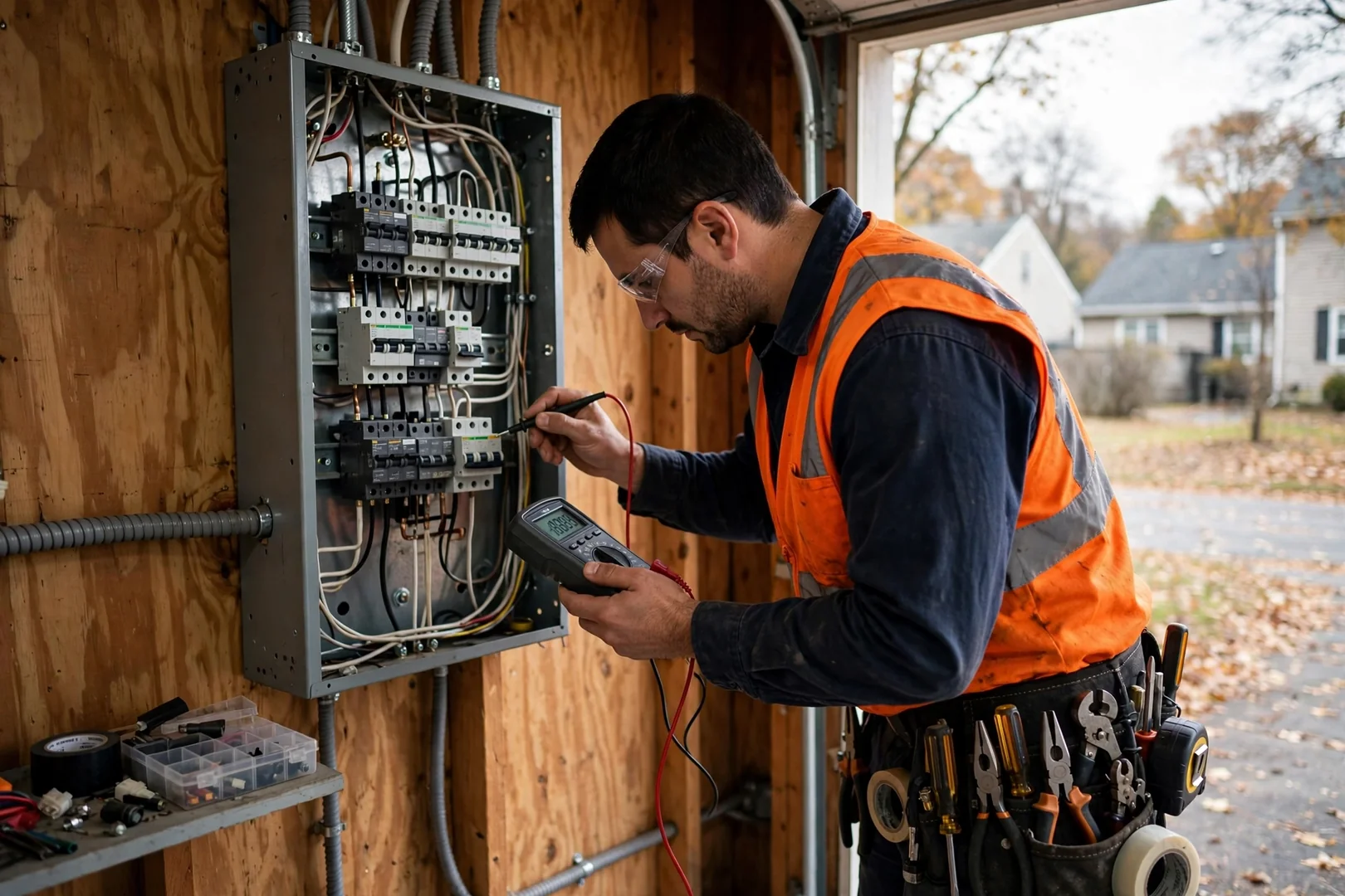 Electrician testing a branch circuit with a multimeter inside an open Centereach panel